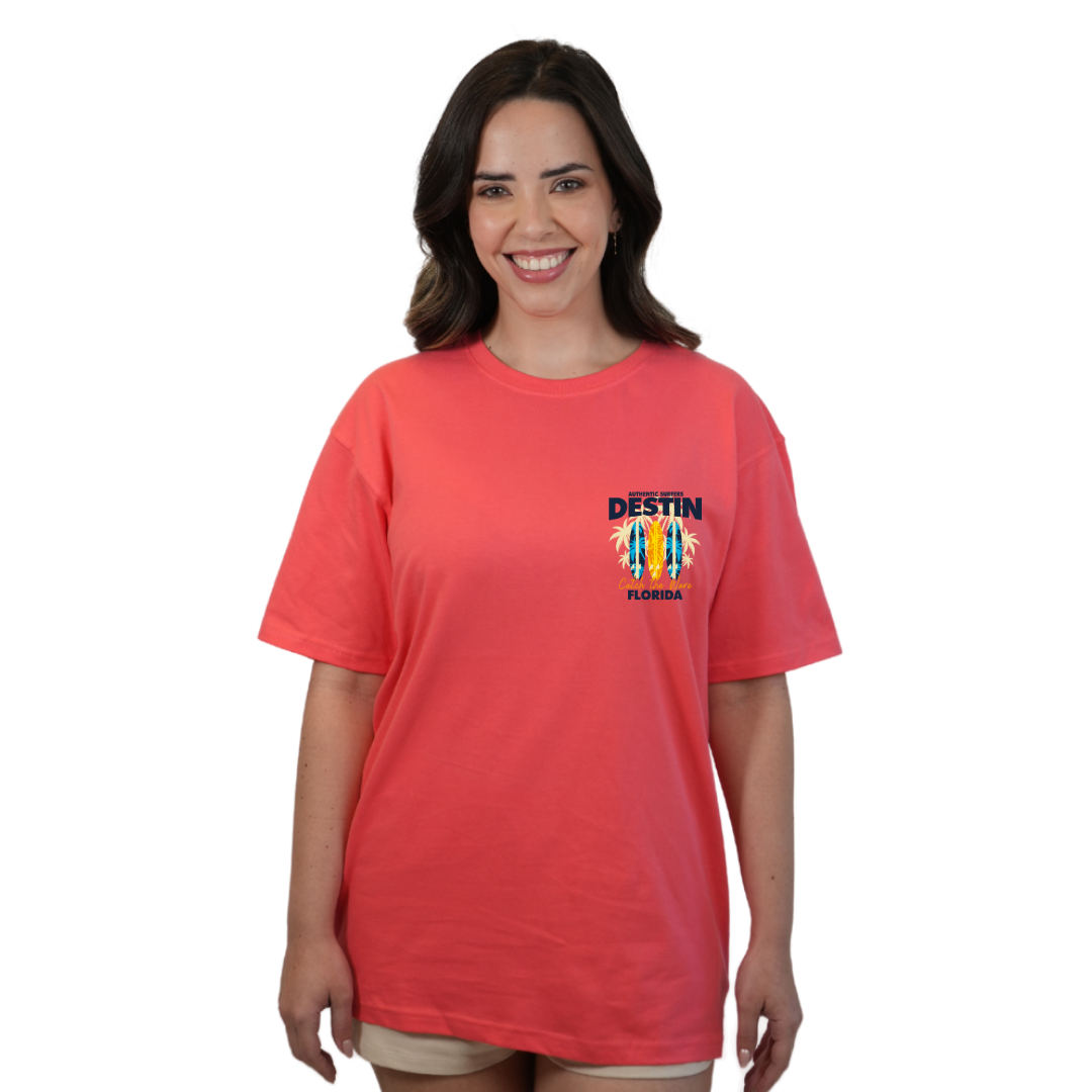 Destin Florida Combed Cotton Women T-Shirt with a Front Pocket Design and back big 3 Surf Boards Design Style CC1000