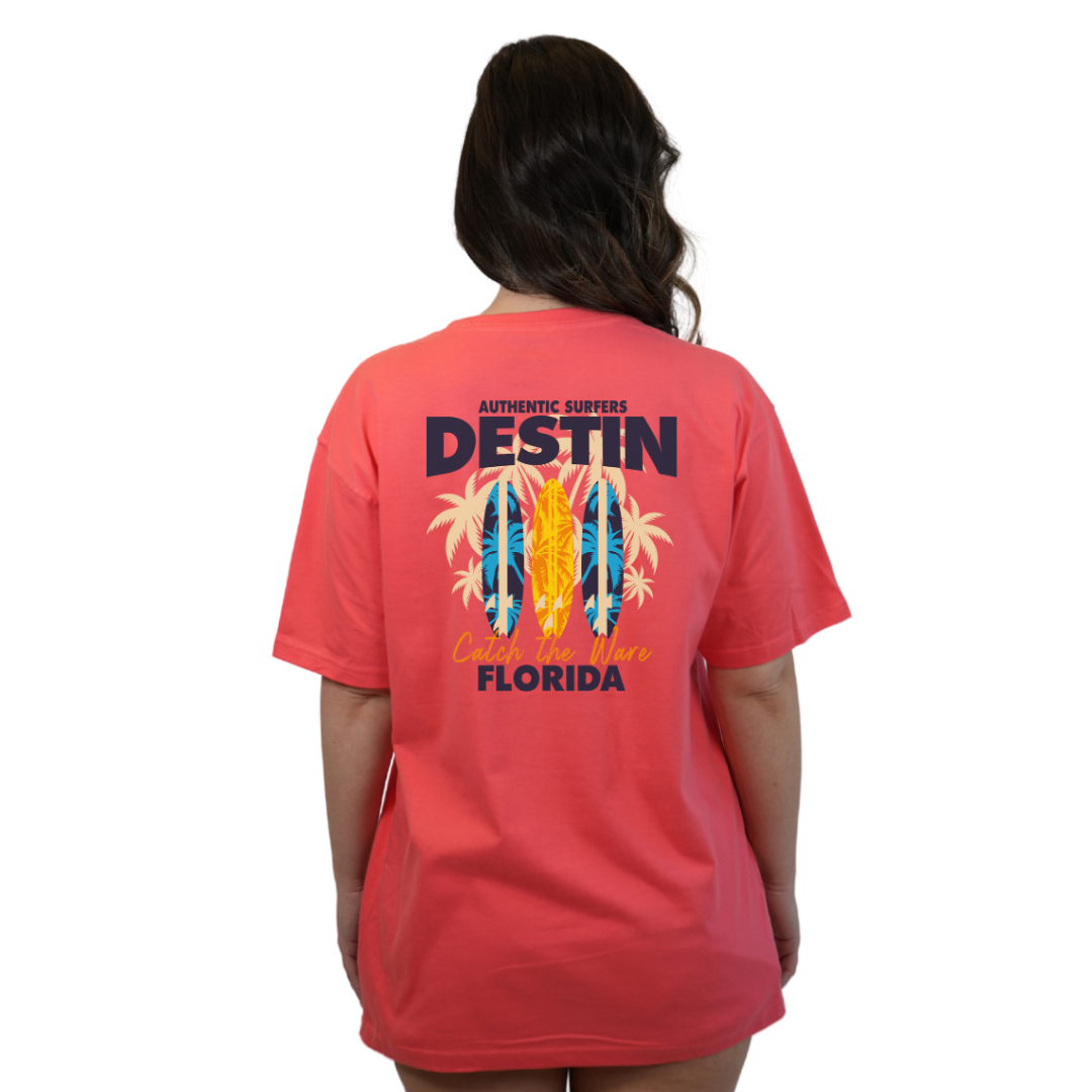 Destin Florida Combed Cotton Women T-Shirt with a Front Pocket Design and back big 3 Surf Boards Design Style CC1000