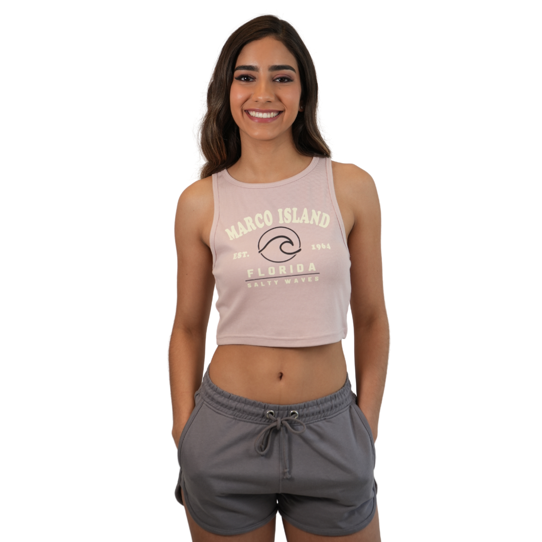 Marco Island Women Knot Crop Top with Salty Waves Est. 1964 Design Color Black | Mauve Style 141