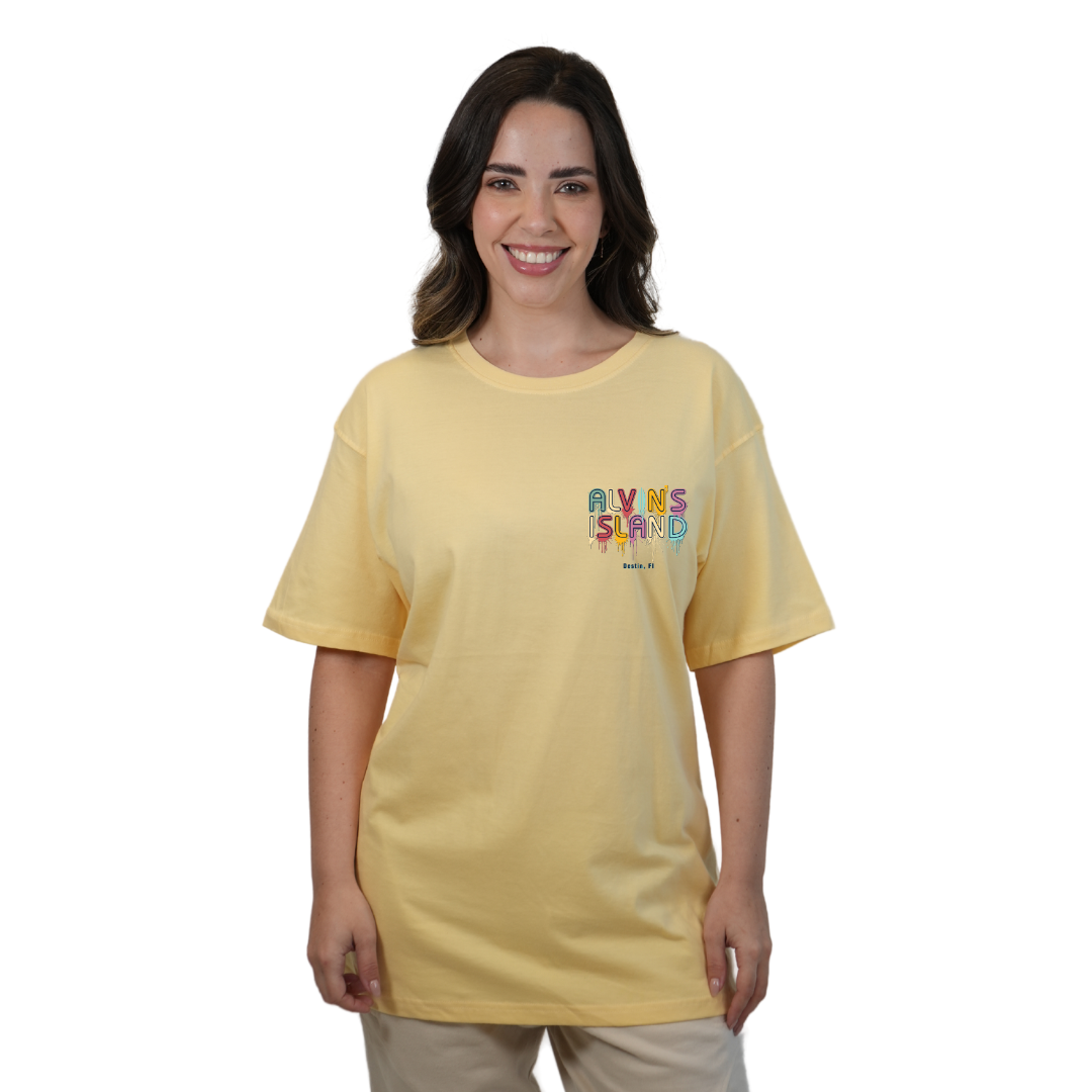 Destin Combed Cotton Women T-Shirt with a Alvin's island Drip Painting Design Style CC1000 T-SHIRT alvinsisland.com Soft Yellow S