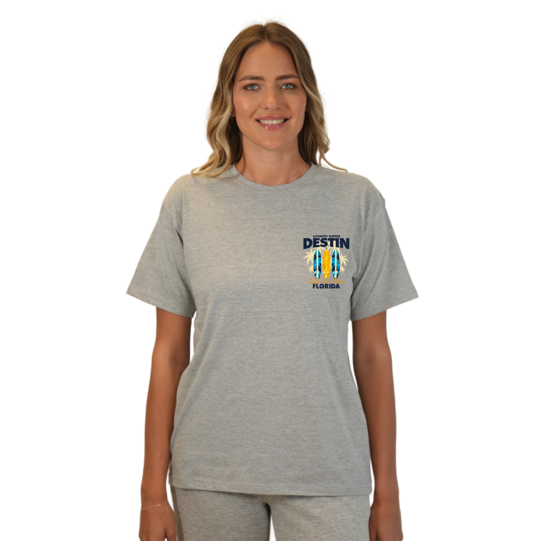 Destin Florida Combed Cotton Women T-Shirt with a Front Pocket Design and back big 3 Surf Boards Design Style CC1000