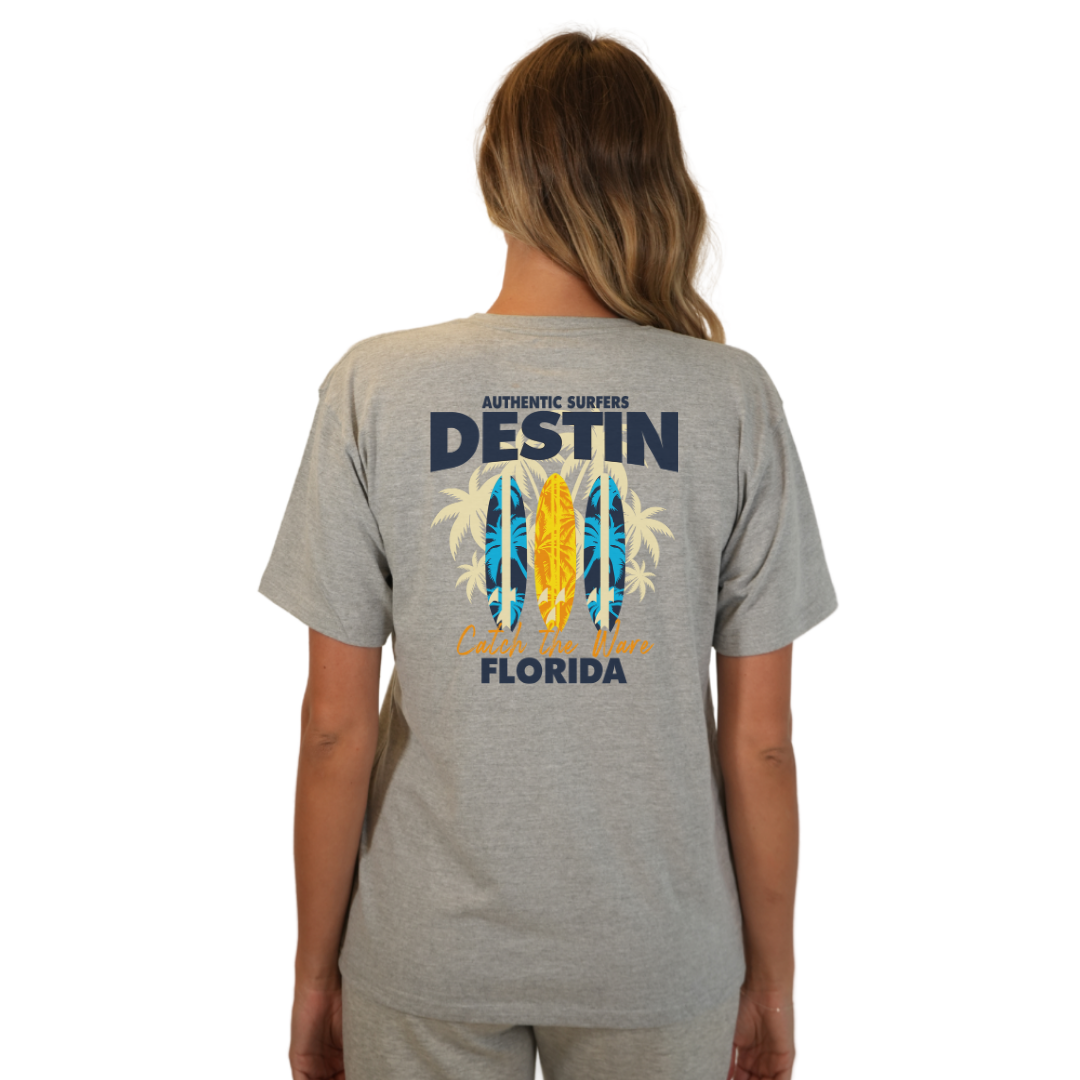 Destin Florida Combed Cotton Women T-Shirt with a Front Pocket Design and back big 3 Surf Boards Design Style CC1000