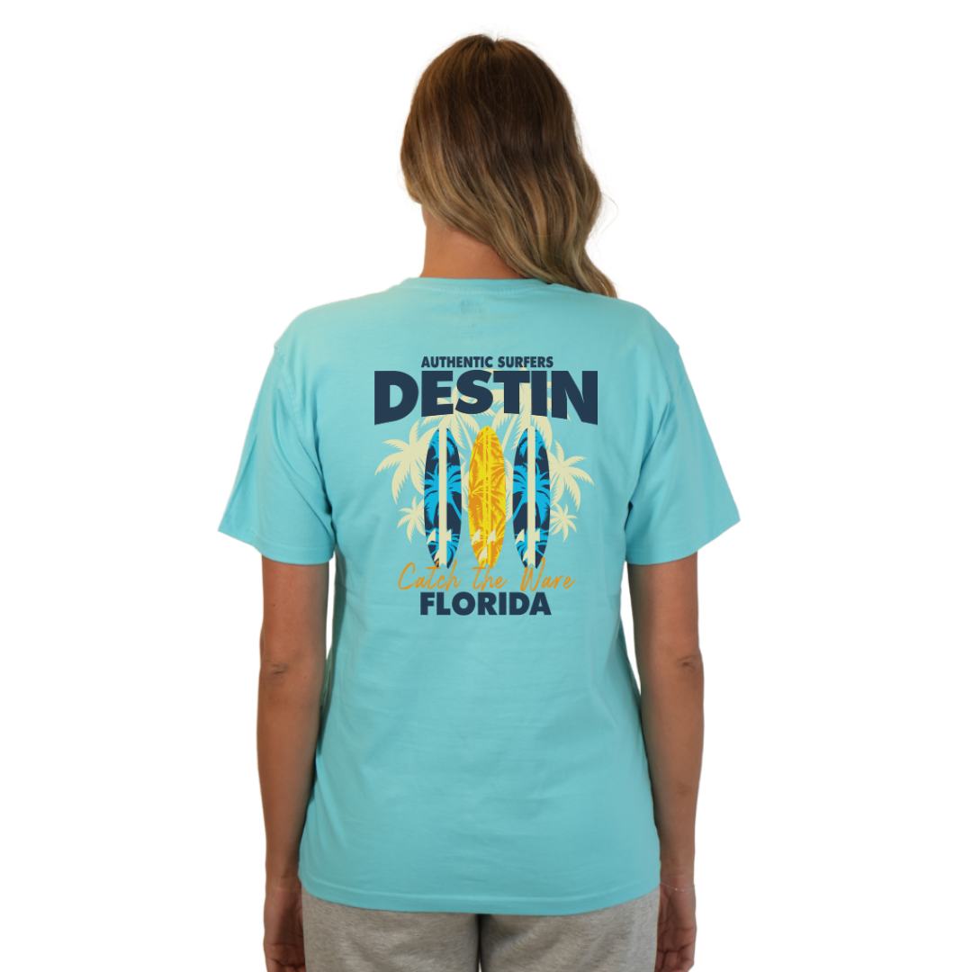 Destin Florida Combed Cotton Women T-Shirt with a Front Pocket Design and back big 3 Surf Boards Design Style CC1000