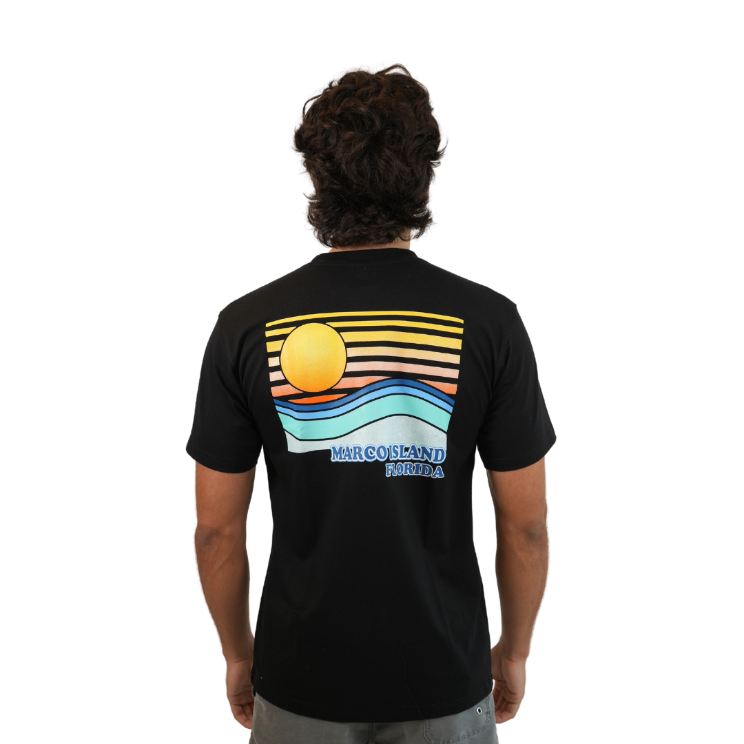 Marco Island Sunset/ Stripes Combed/Cotton Unisex Black T-Shirt Style Cc1000