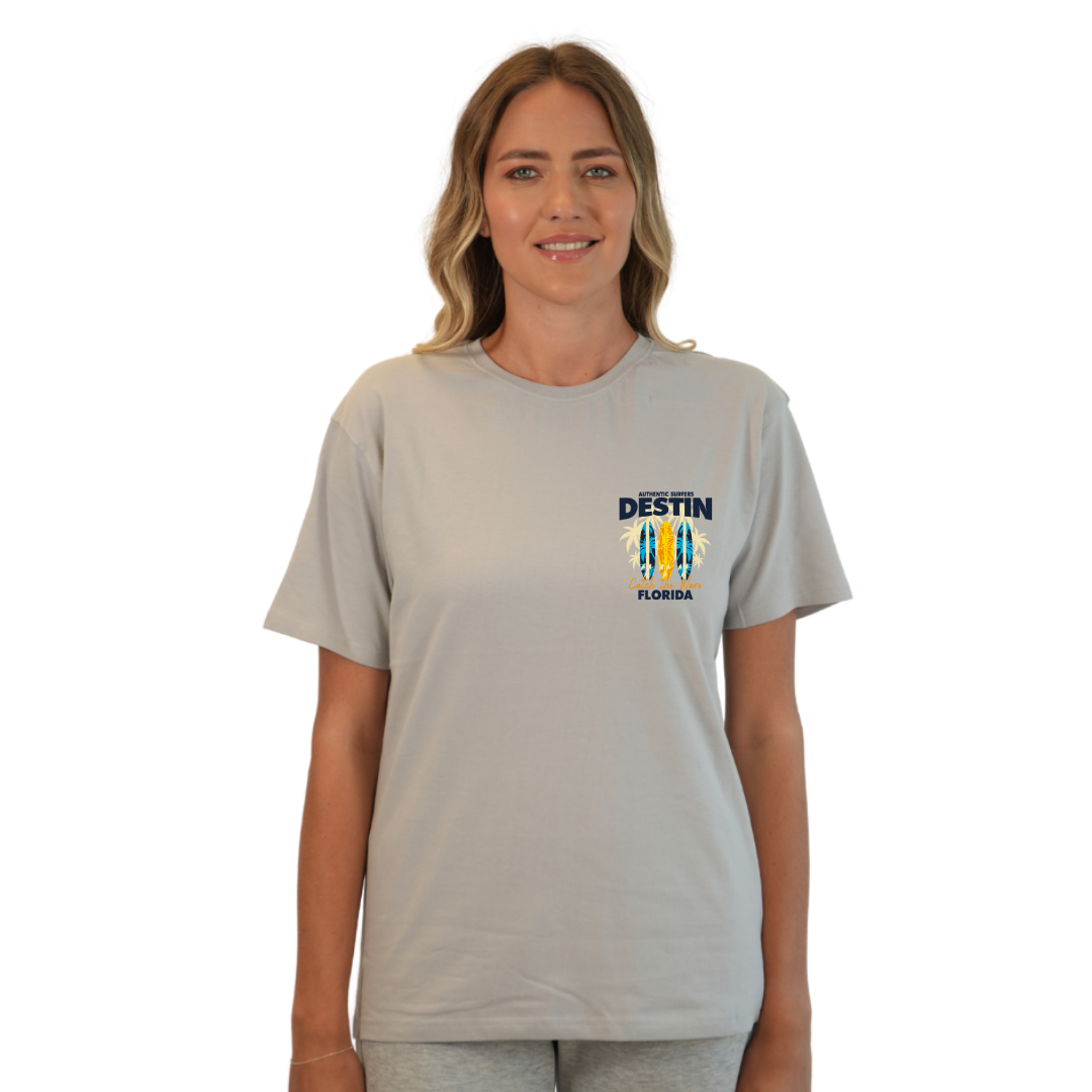 Destin Florida Combed Cotton Women T-Shirt with a Front Pocket Design and back big 3 Surf Boards Design Style CC1000