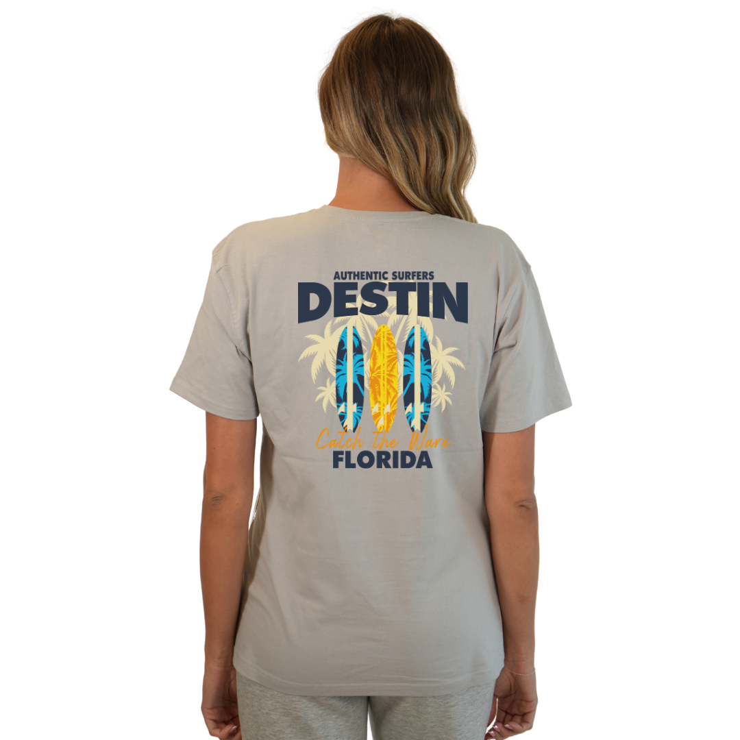 Destin Florida Combed Cotton Women T-Shirt with a Front Pocket Design and back big 3 Surf Boards Design Style CC1000