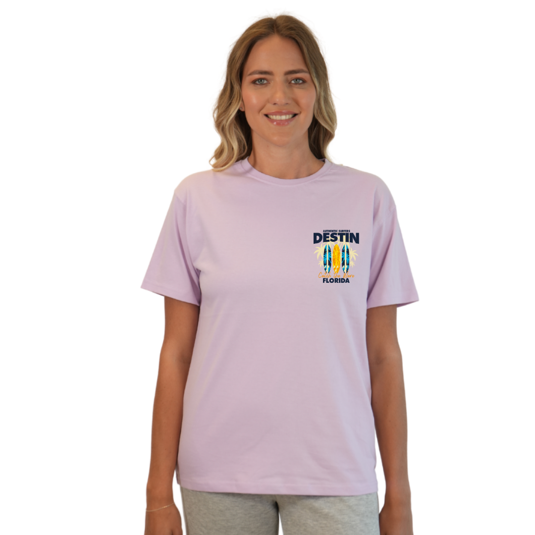 Destin Florida Combed Cotton Women T-Shirt with a Front Pocket Design and back big 3 Surf Boards Design Style CC1000