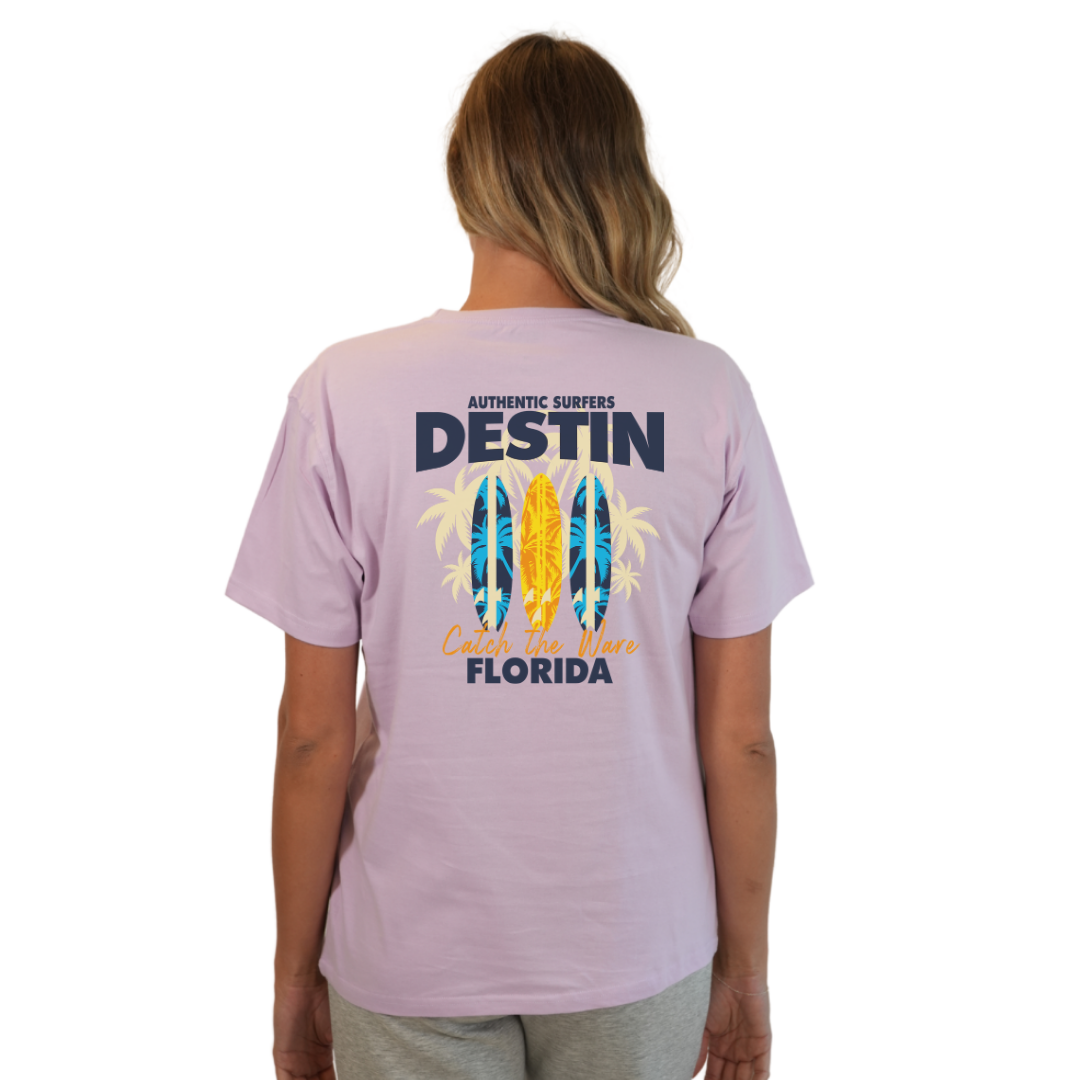 Destin Florida Combed Cotton Women T-Shirt with a Front Pocket Design and back big 3 Surf Boards Design Style CC1000