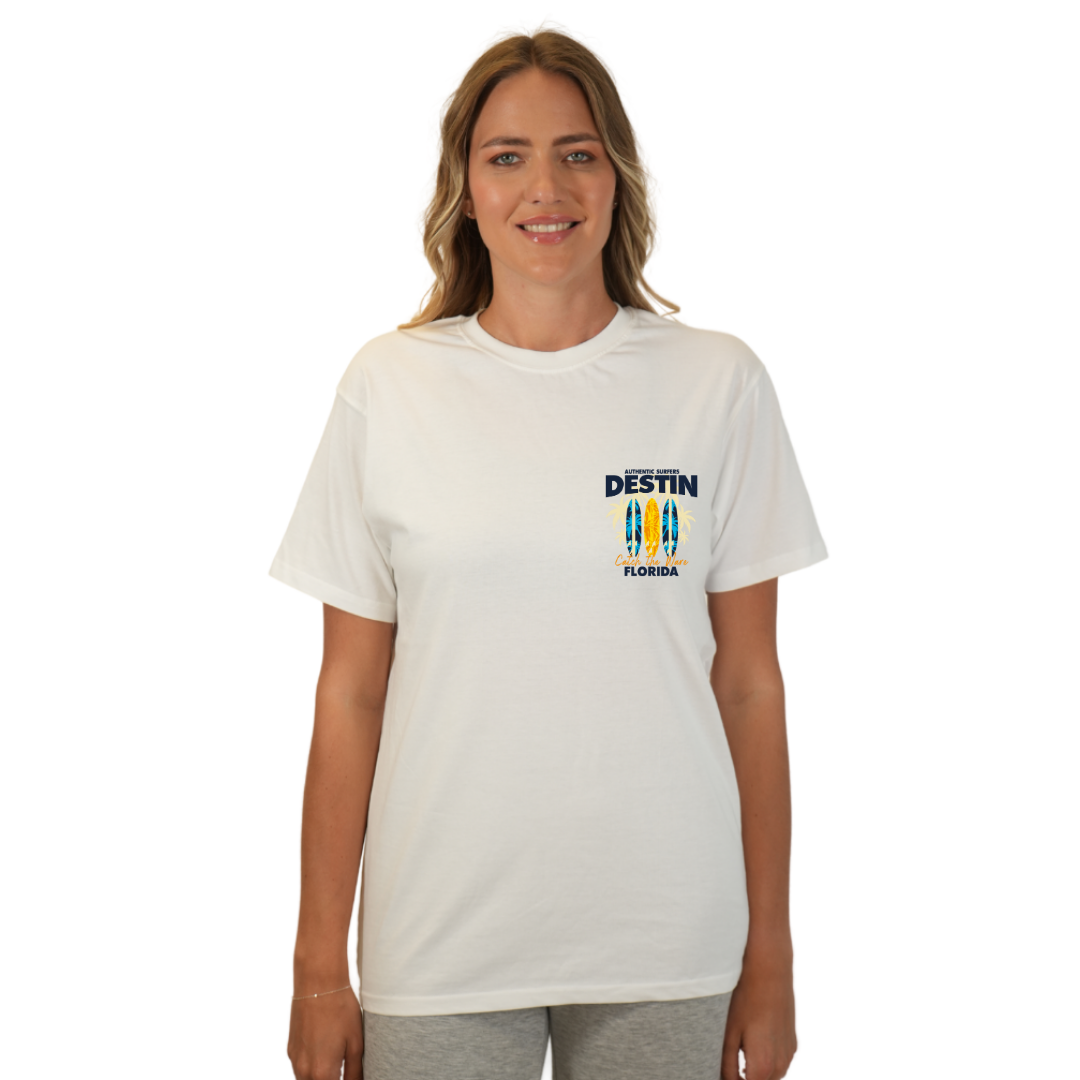 Destin Florida Combed Cotton Women T-Shirt with a Front Pocket Design and back big 3 Surf Boards Design Style CC1000