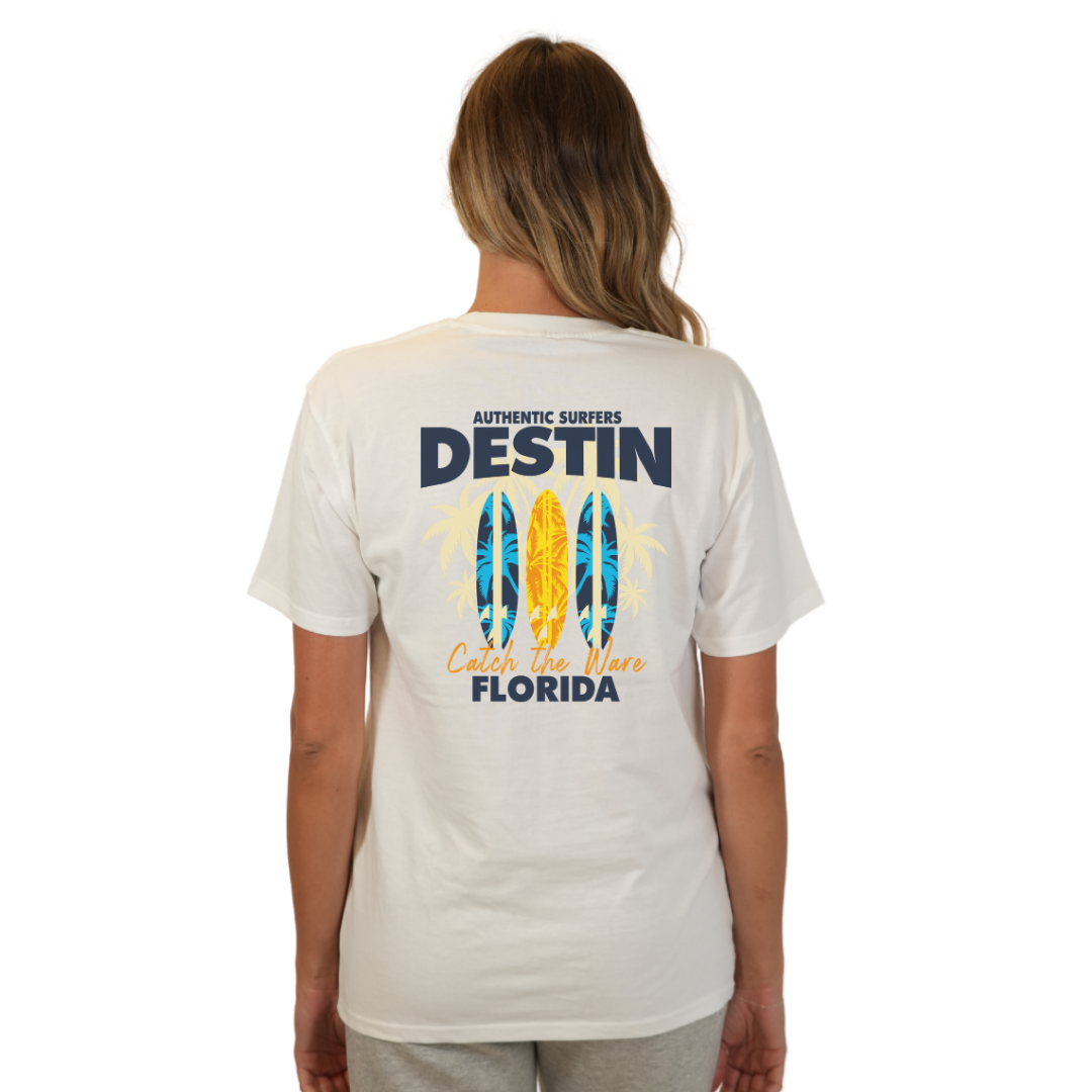 Destin Florida Combed Cotton Women T-Shirt with a Front Pocket Design and back big 3 Surf Boards Design Style CC1000