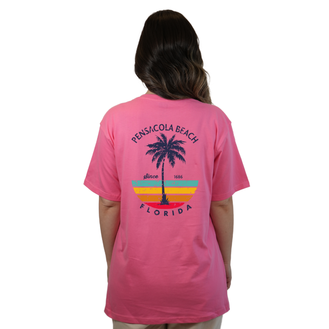 Pensacola Beach Palm Tree/ Stripes Combed/Cotton Women T-Shirt Style Cc1000