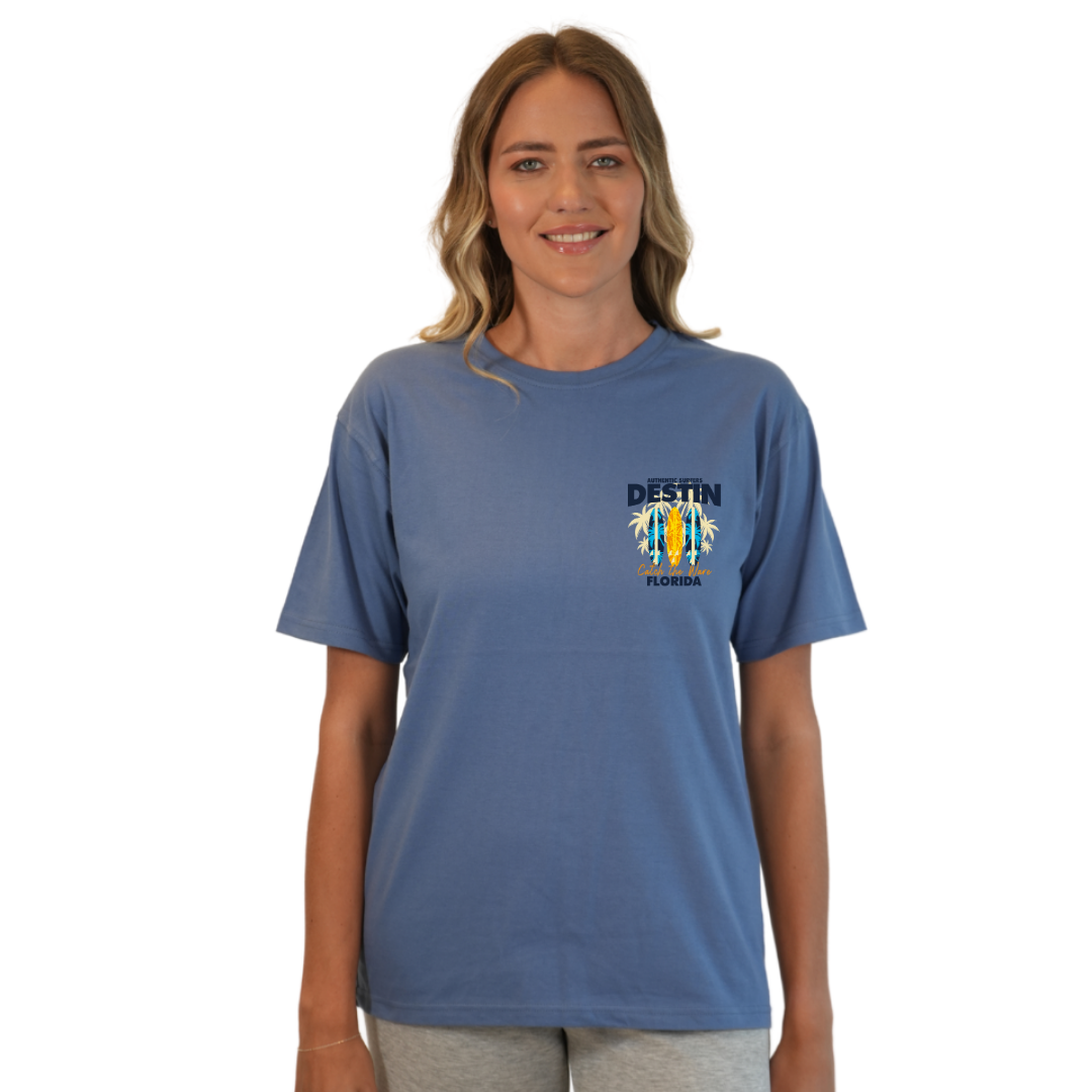 Destin Florida Combed Cotton Women T-Shirt with a Front Pocket Design and back big 3 Surf Boards Design Style CC1000