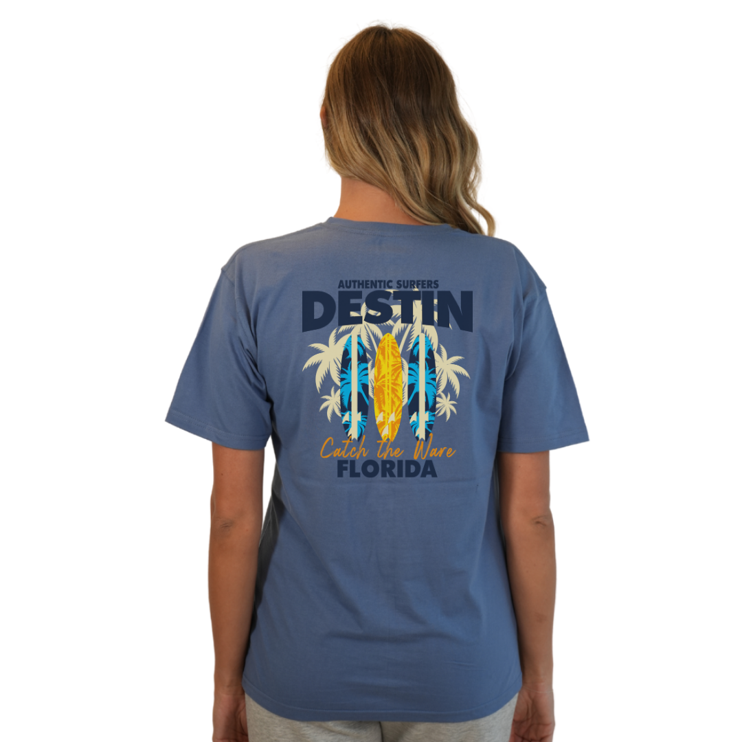 Destin Florida Combed Cotton Women T-Shirt with a Front Pocket Design and back big 3 Surf Boards Design Style CC1000