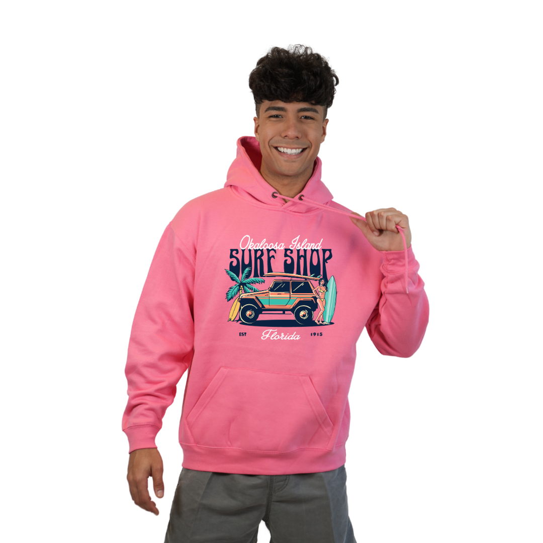 Okaloosa Island Hoodie Men with Surf Shop Front Design Style 252