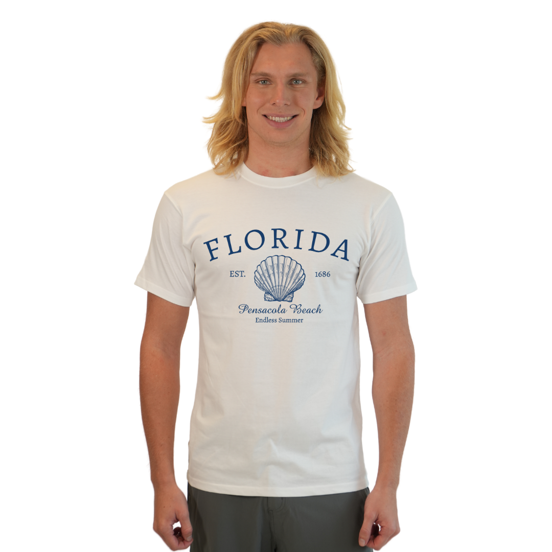Pensacola Beach Combed Cotton Men T-Shirt with a Front Florida Shell Endless SummerDesign Style CC1000 T-SHIRT alvinsisland.com S WHITE