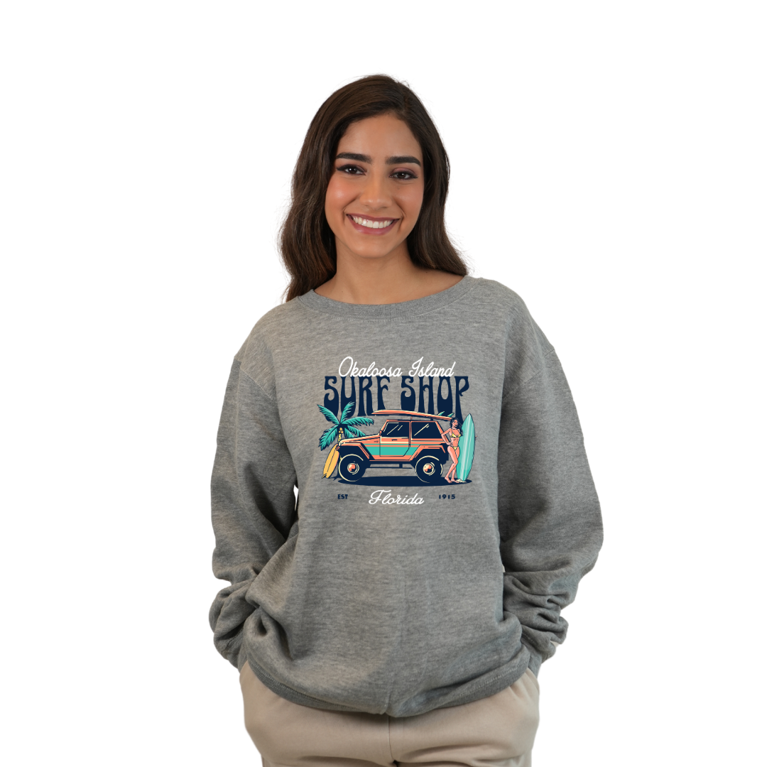 Okaloosa Island Fleece Crewneck Sweatshirt Women with Surf Shop Front Design Style 067