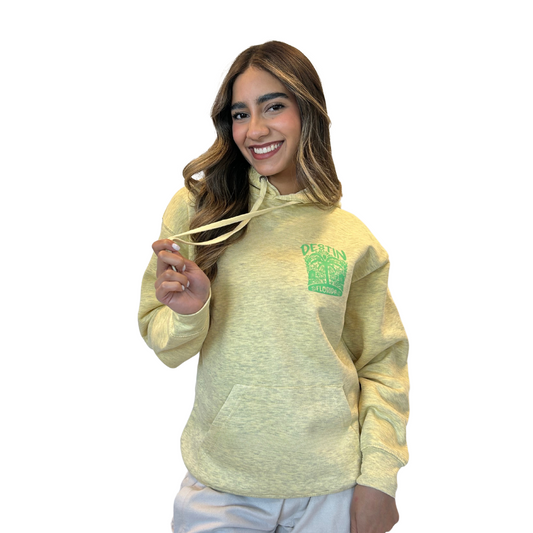 Destin Fl, with front Palm Tree pocket design and back big Design Pullover Hoodie Women Style ML200 HOODIES alvinsisland.com Mel.Yellow S