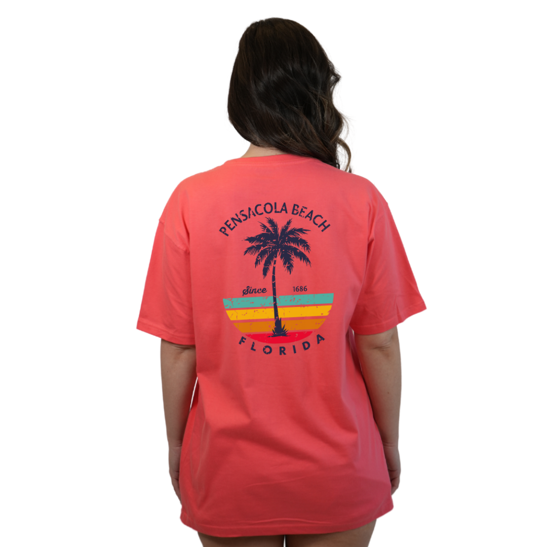 Pensacola Beach Palm Tree/ Stripes Combed/Cotton Women T-Shirt Style Cc1000