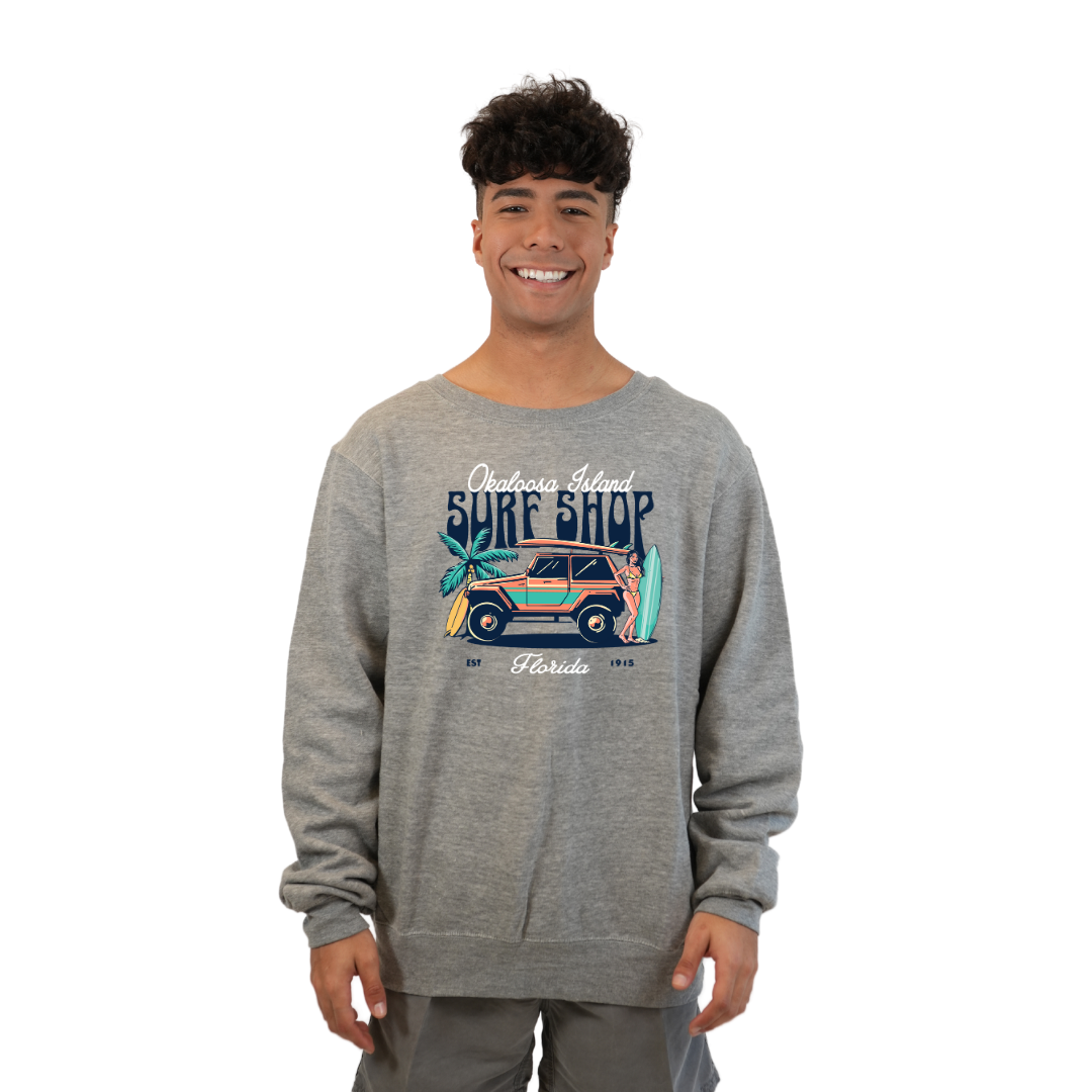 Okaloosa Island Fleece Crewneck Sweatshirt Men with Surf Shop Front Design Style 067