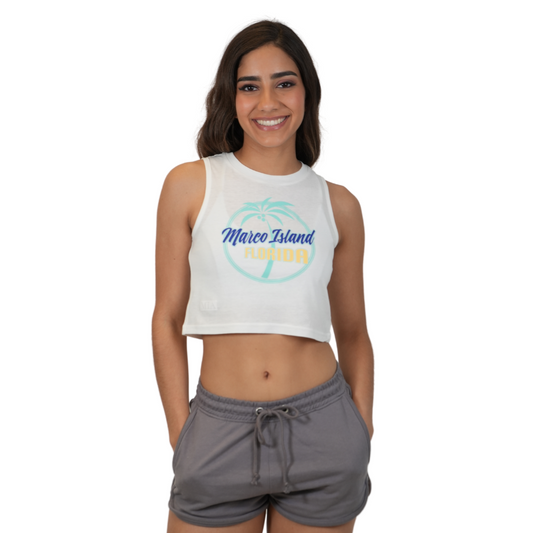 Marco Island Women Knot Crop Top with Palm Tree in a Circle Design Color White Style 141