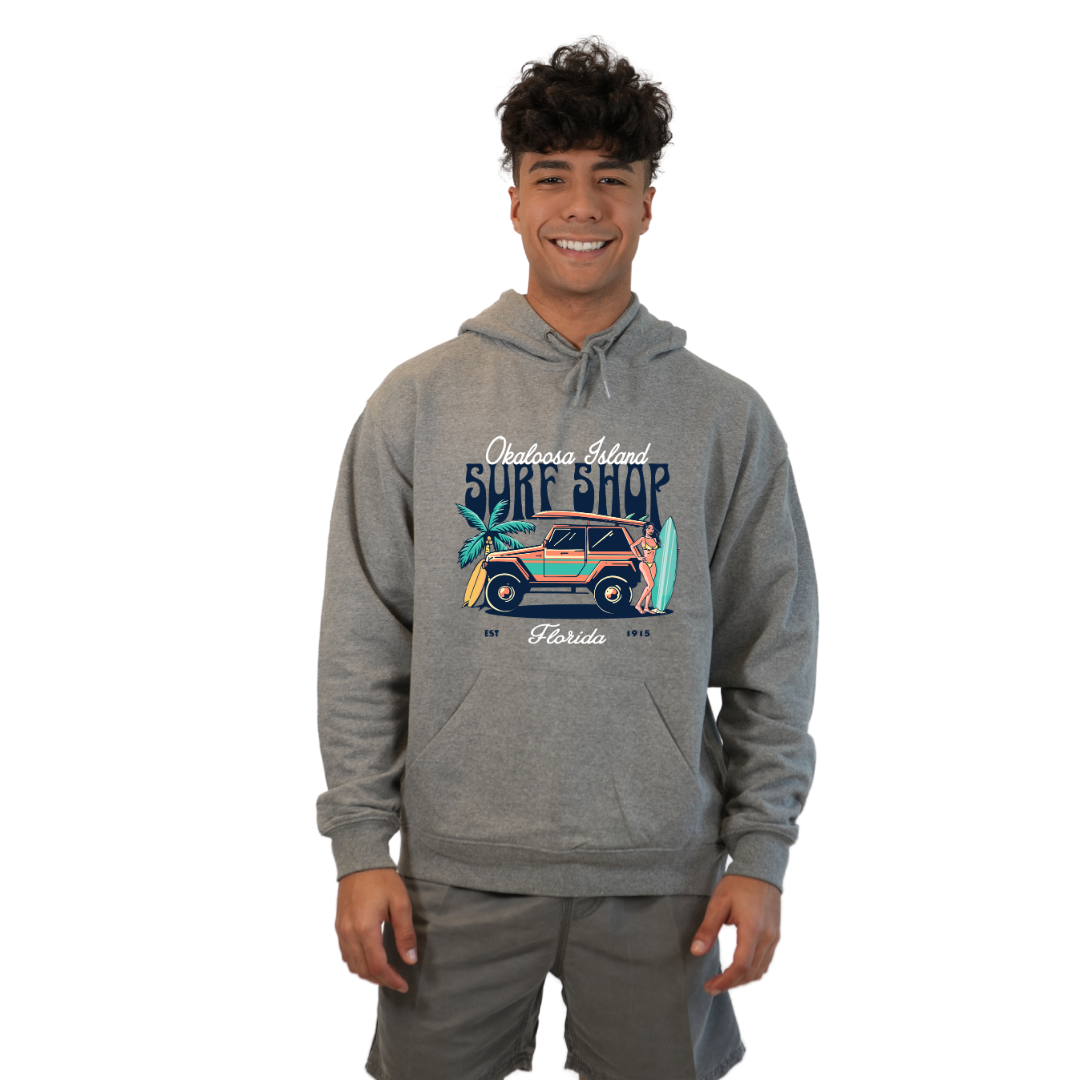 Okaloosa Island Hoodie Men with Surf Shop Front Design Style 252