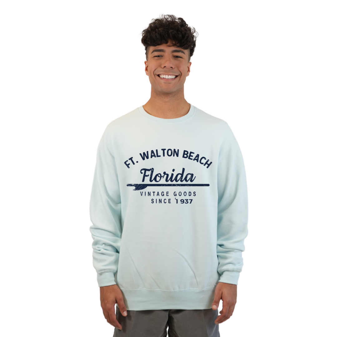 Ft. Walton Beach Fleece Crewneck Sweatshirt Women with a Front Arrow Vintage Goods Since 1984 Design Style 067 SWEATSHIRT alvinsisland.com Pool day S