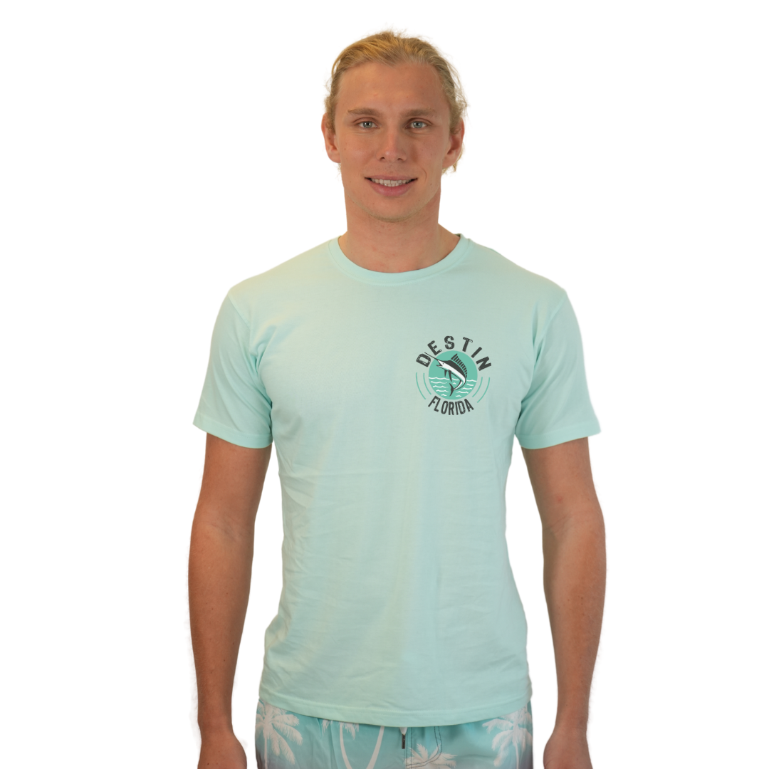 Destin Florida Combed Cotton Men T-Shirt with a Front Pocket Design and back big Marlin Design Style CC1000