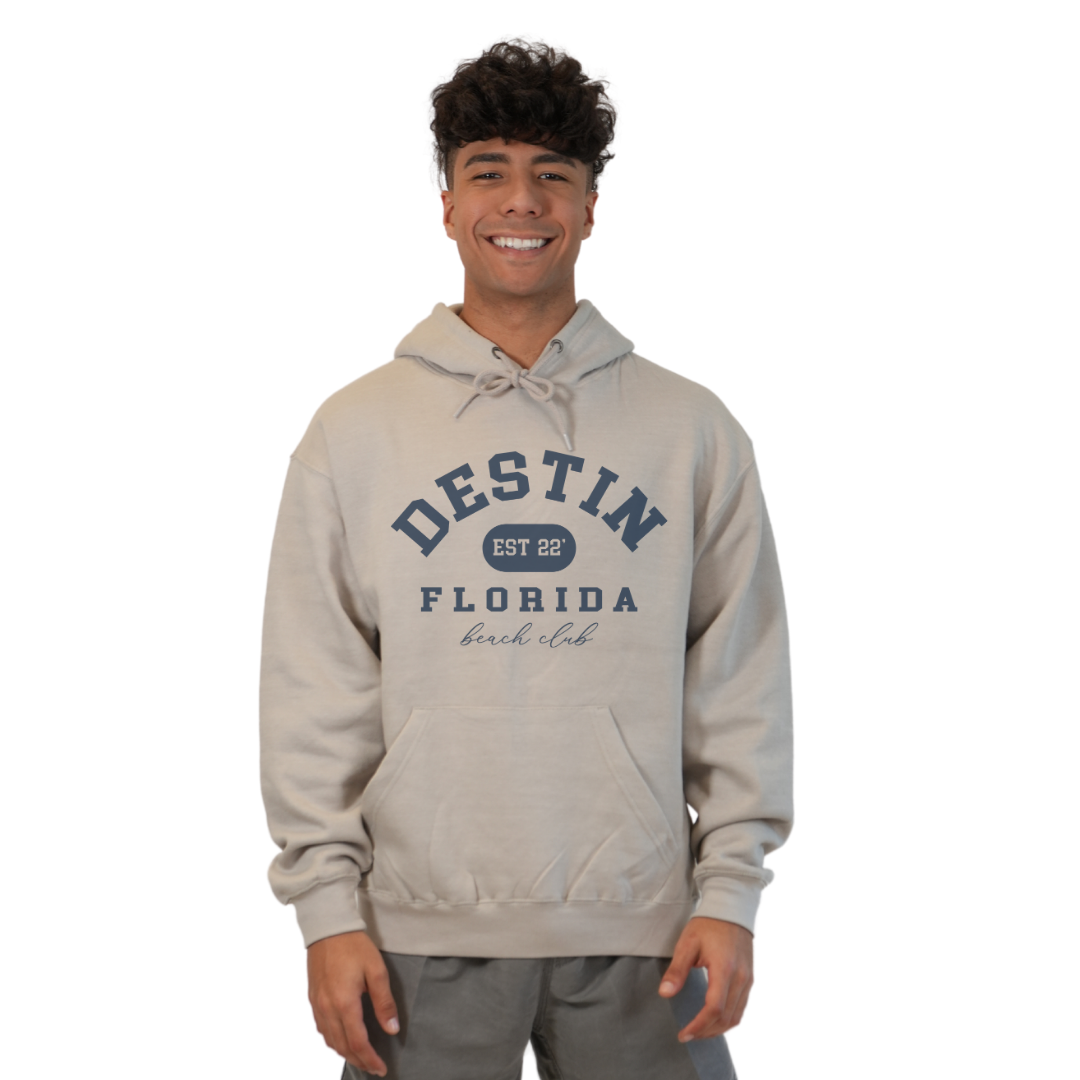 Destin Florida Pullover Hoodie Men with Big Front Destin Est 22 Florida Beach Club Design Style 252 HOODIES alvinsisland.com SMALL SILVER