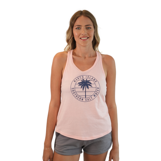 Marco Island Women Cross Racerback Tank with Palm Tree Southern Salt Water Design Color Pink Rosetta Style 196