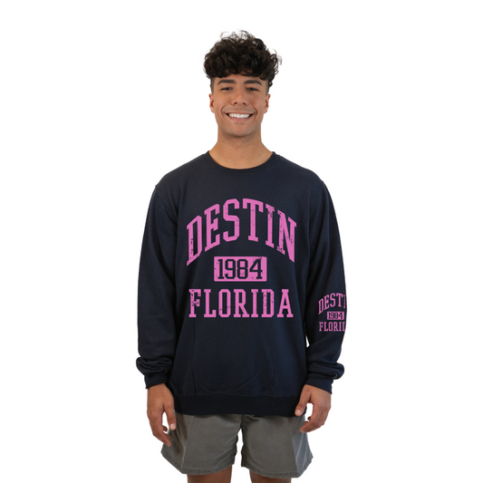 Destin Fl. 1984 Fleece Crewneck Sweatshirt Men with a Front and the left sleeve design Style 067 SWEATSHIRT alvinsisland.com Navy S