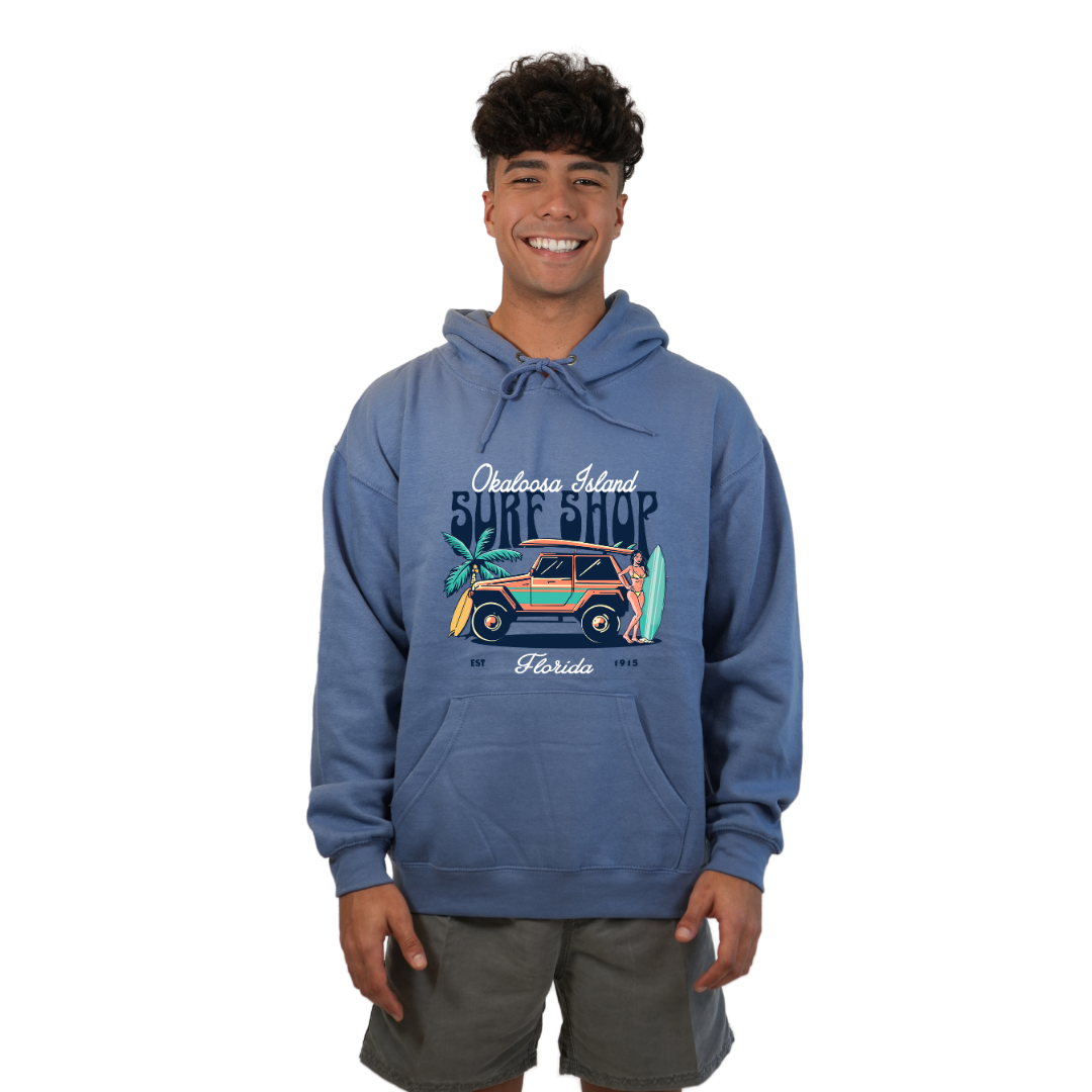 Okaloosa Island Hoodie Men with Surf Shop Front Design Style 252