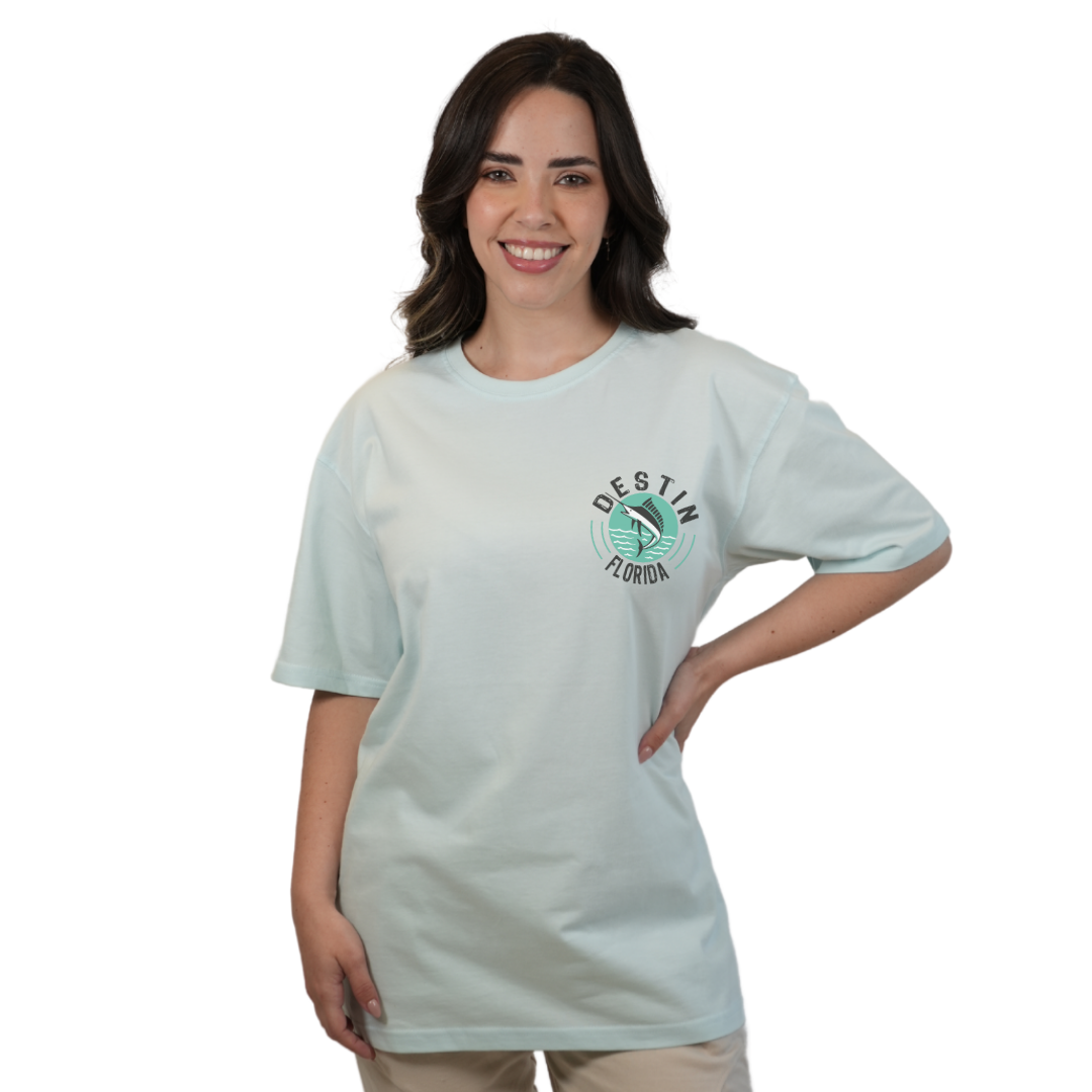 Destin Florida Combed Cotton Women T-Shirt with a Front Pocket Design and back big Marlin Design Style CC1000 T-SHIRT alvinsisland.com SMALL ICE BLUE