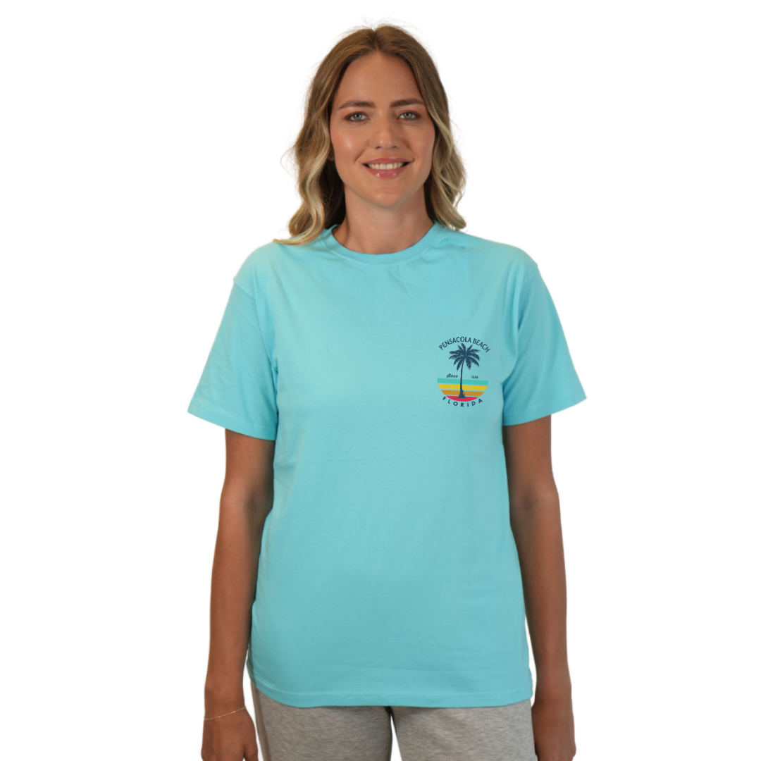 Pensacola Beach Palm Tree/ Stripes Combed/Cotton Women T-Shirt Style Cc1000