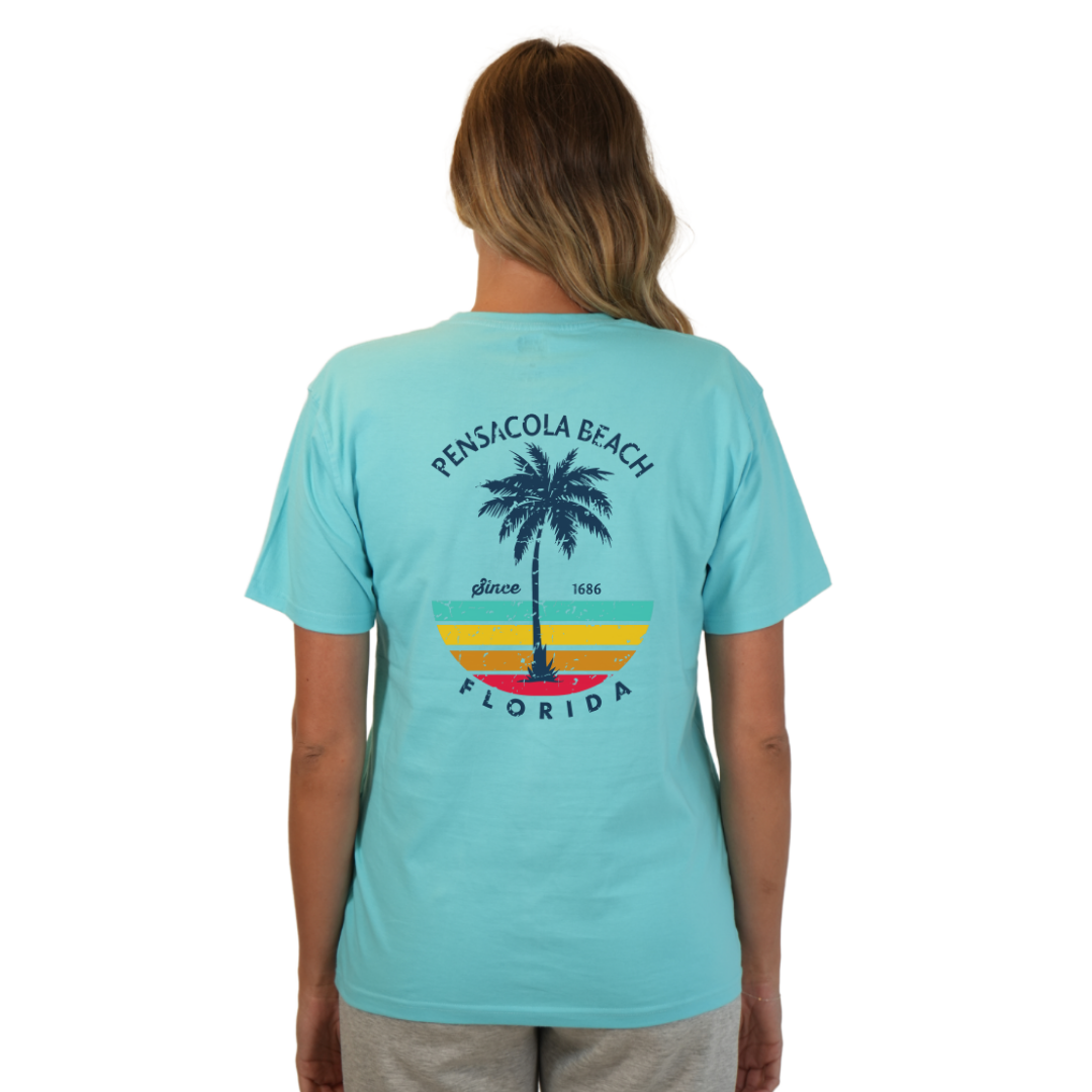 Pensacola Beach Palm Tree/ Stripes Combed/Cotton Women T-Shirt Style Cc1000