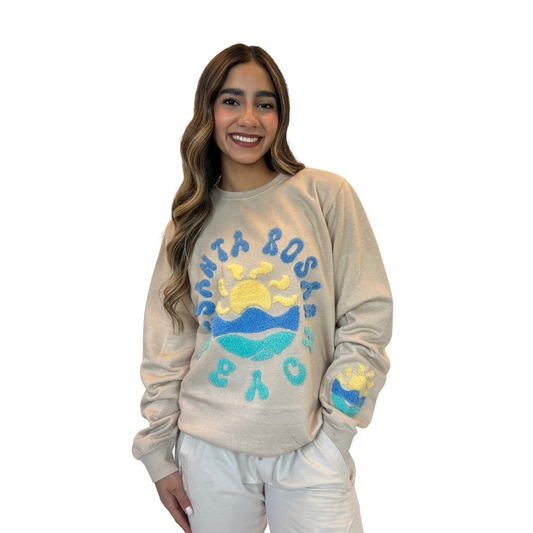 Santa Rosa Beach, Fl Crewneck Women with texture patch on the front and the sleeve Style 067 crewneck alvinsisland.com Oyster S