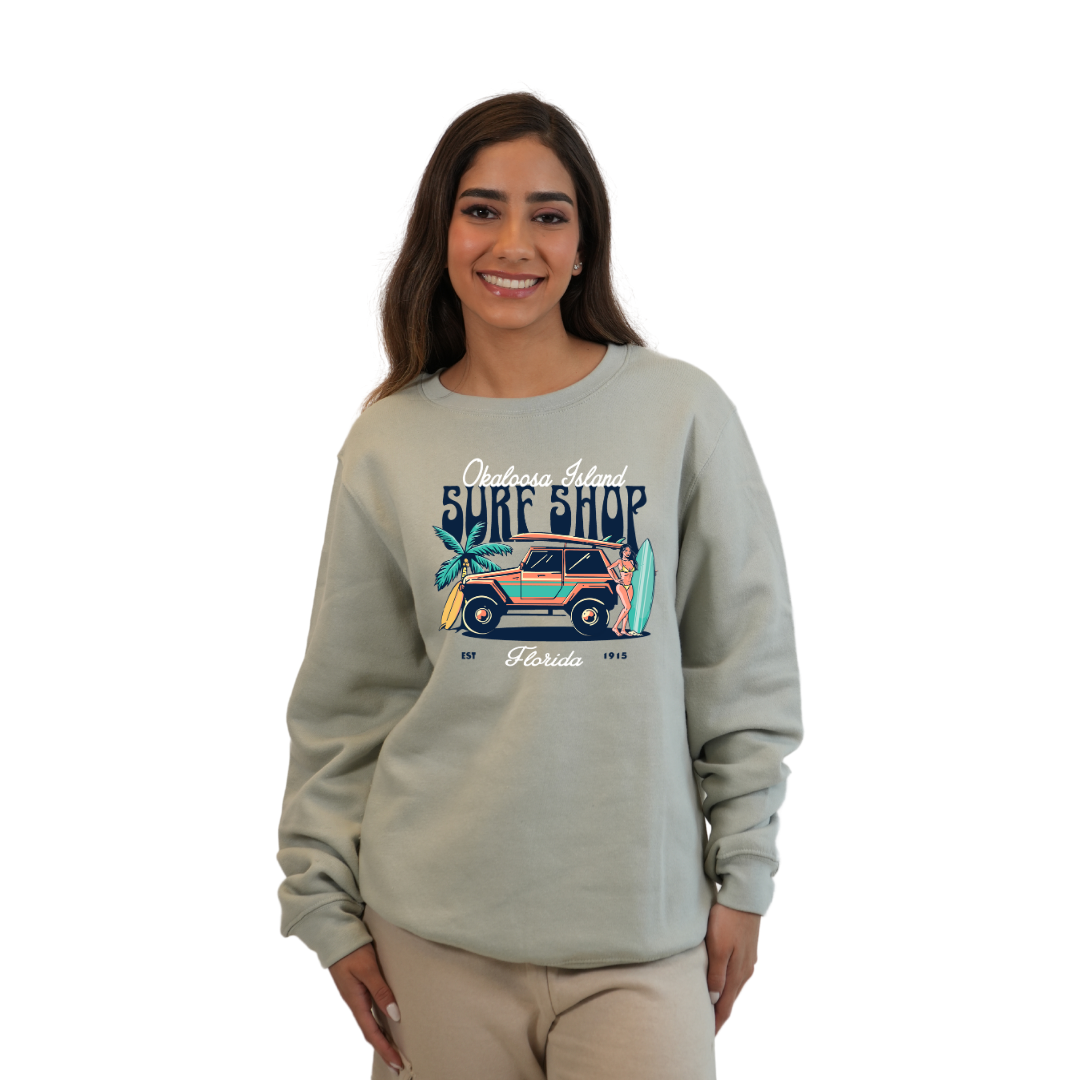Okaloosa Island Fleece Crewneck Sweatshirt Women with Surf Shop Front Design Style 067