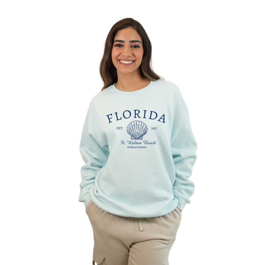 Ft. Walton Beach Fleece Crewneck Sweatshirt Women with a Florida Shell Endless Summer Design Style 067 SWEATSHIRT alvinsisland.com Pool day S