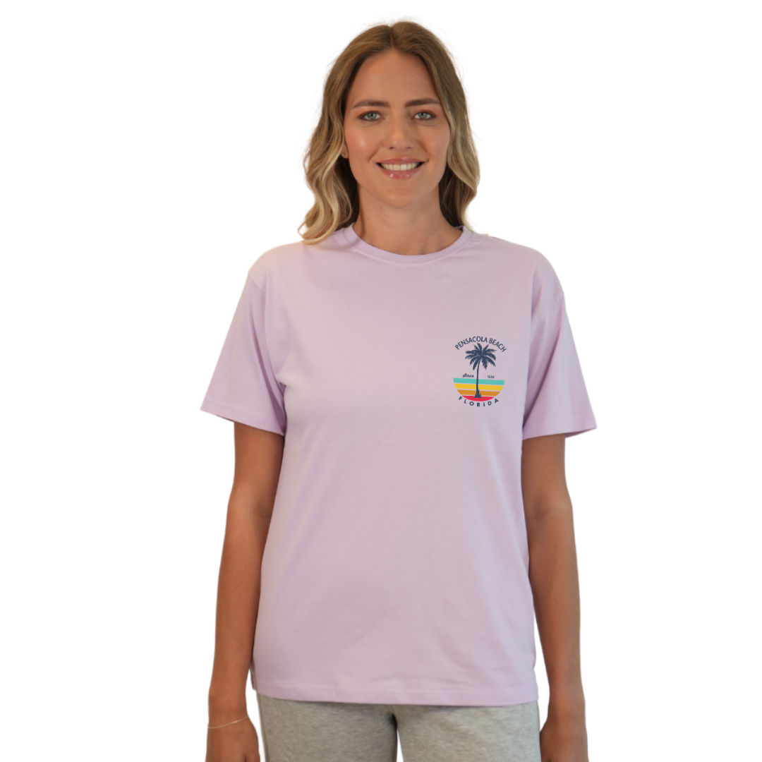 Pensacola Beach Palm Tree/ Stripes Combed/Cotton Women T-Shirt Style Cc1000