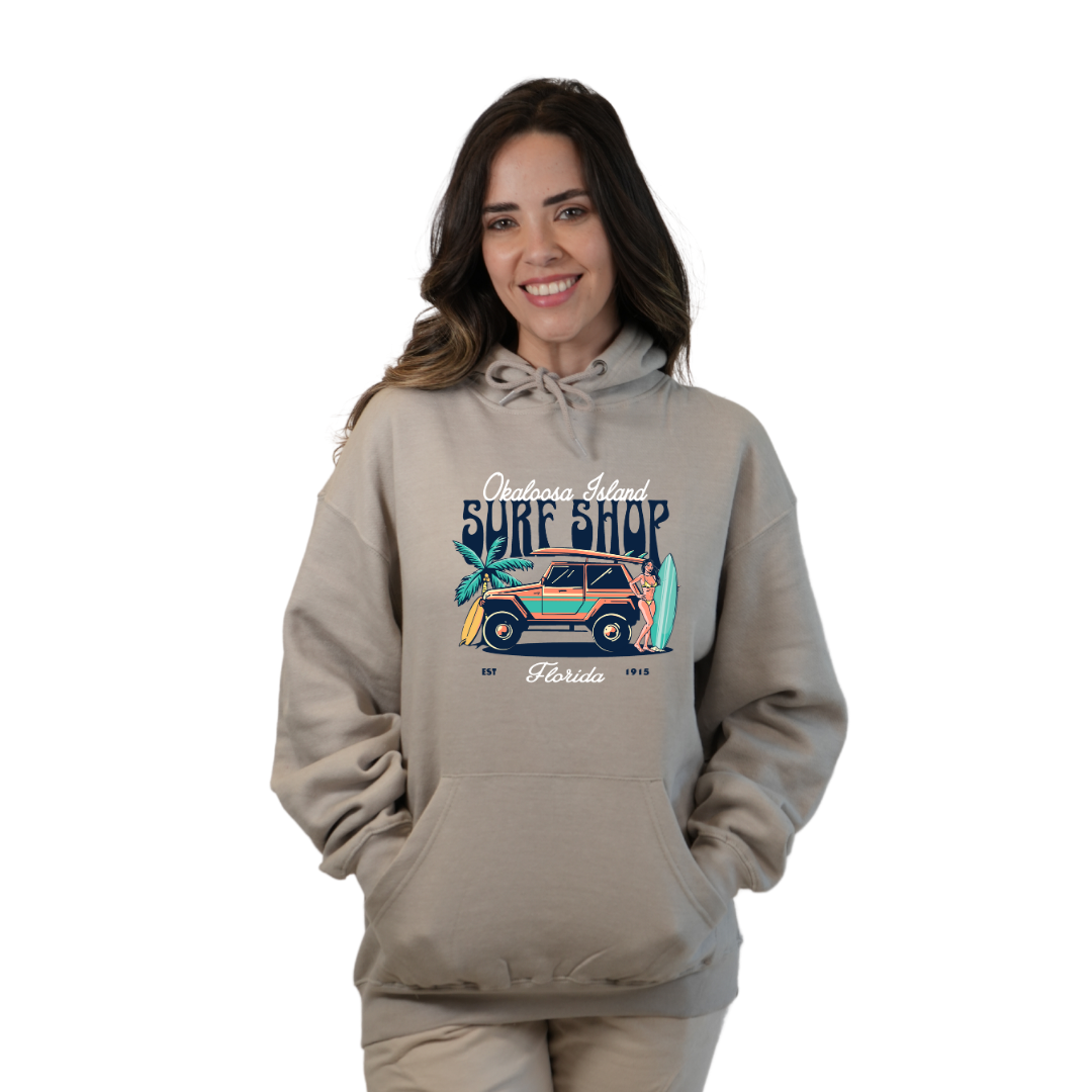 Okaloosa Island Hoodie Women with Surf Shop Front Design Style 252