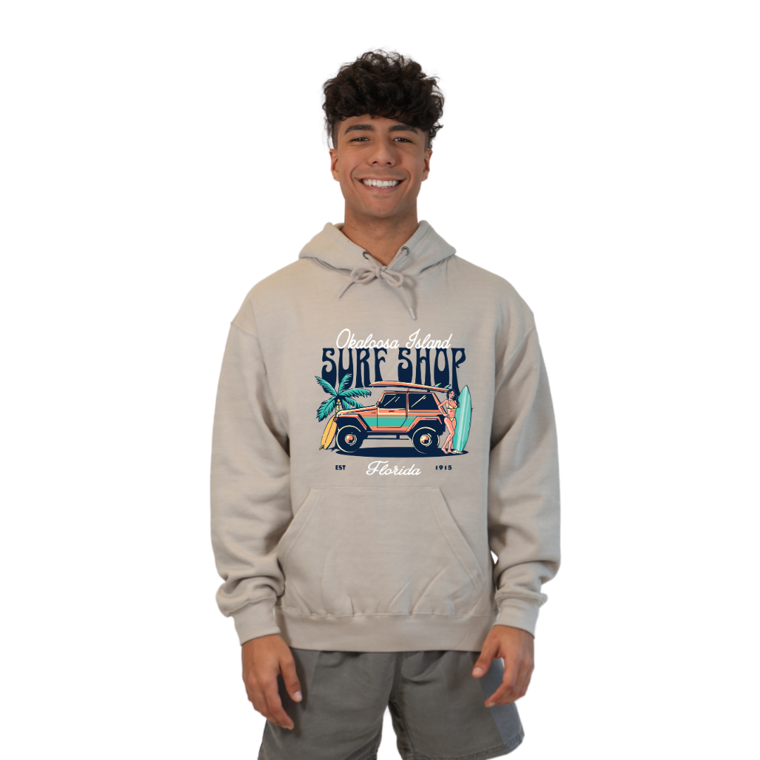 Okaloosa Island Hoodie Men with Surf Shop Front Design Style 252