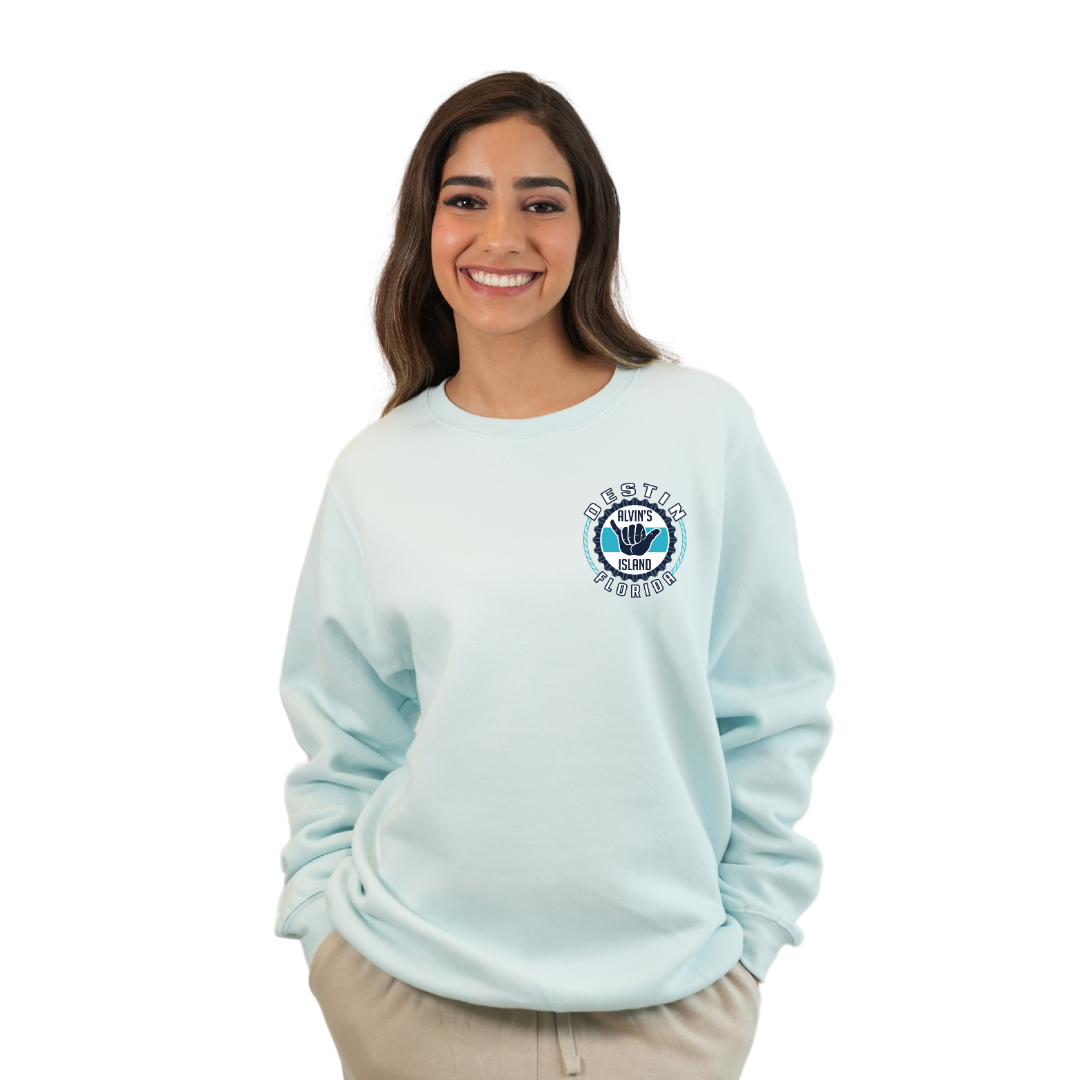Destin Florida Fleece Crewneck Sweatshirt Women with Alvin's Island Hang Loose Front and Back Design Style 067