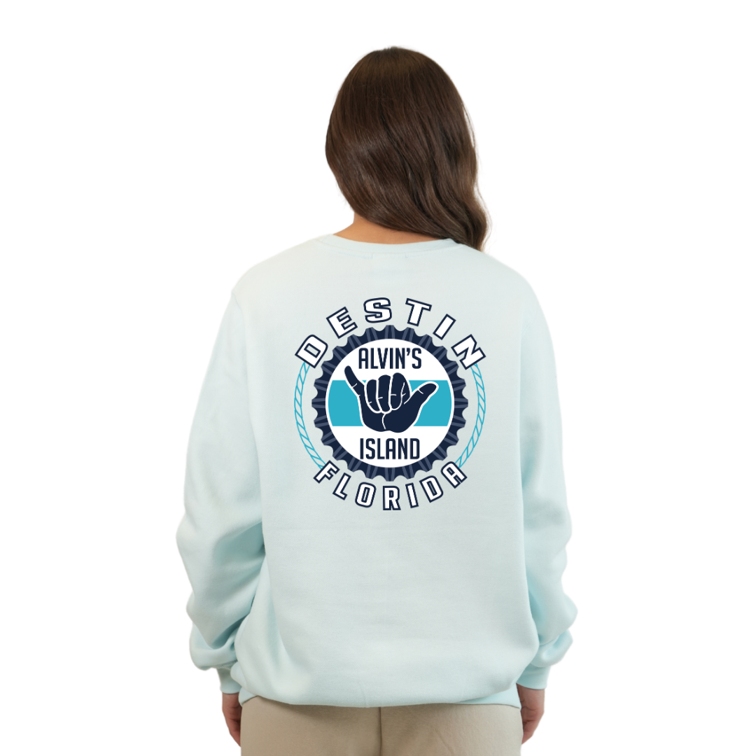 Destin Florida Fleece Crewneck Sweatshirt Women with Alvin's Island Hang Loose Front and Back Design Style 067