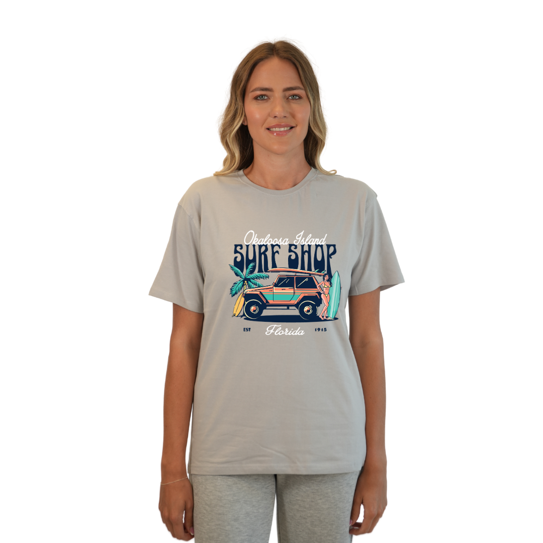 Okaloosa Island Combed Cotton T-Shirt Women with Surf Shop Front Design Style CC1000