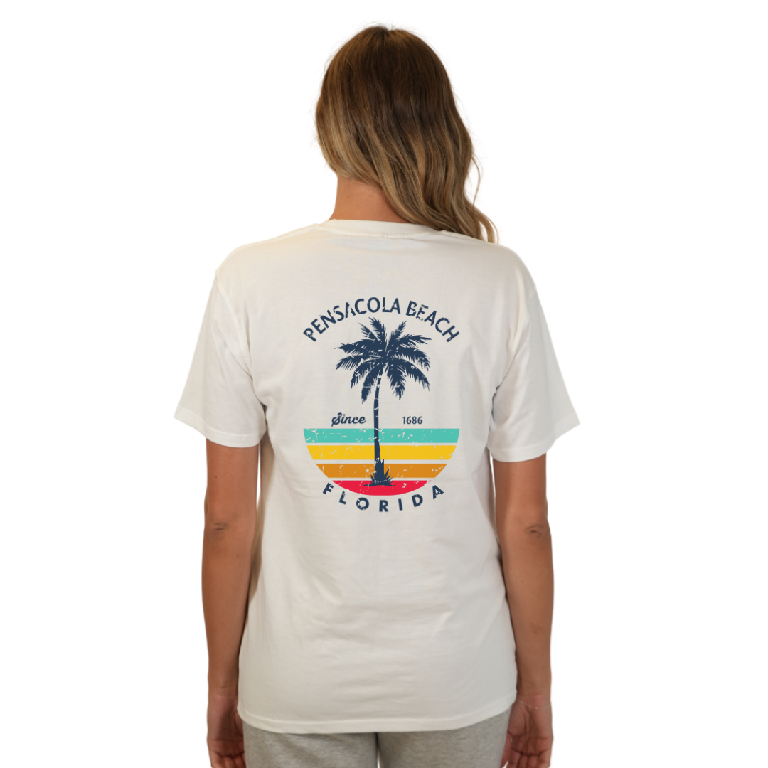 Pensacola Beach Palm Tree/ Stripes Combed/Cotton Women T-Shirt Style Cc1000