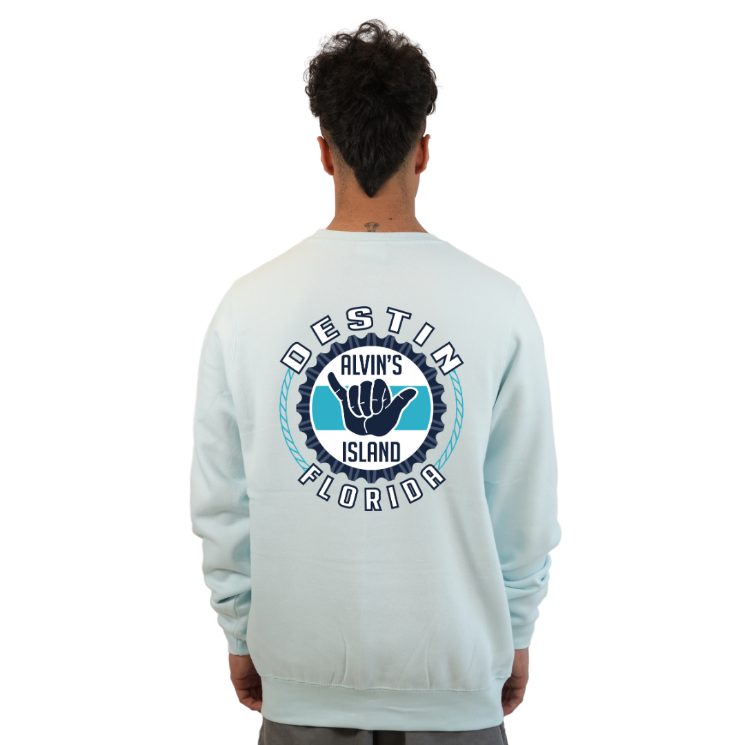 Destin Florida Fleece Crewneck Sweatshirt Men with Alvin's Island Hang Loose Front and Back Design Style 067
