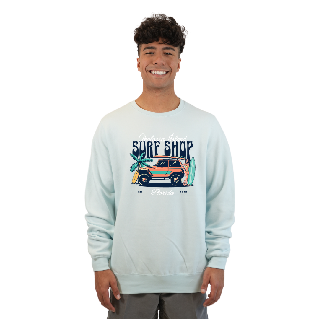 Okaloosa Island Fleece Crewneck Sweatshirt Men with Surf Shop Front Design Style 067