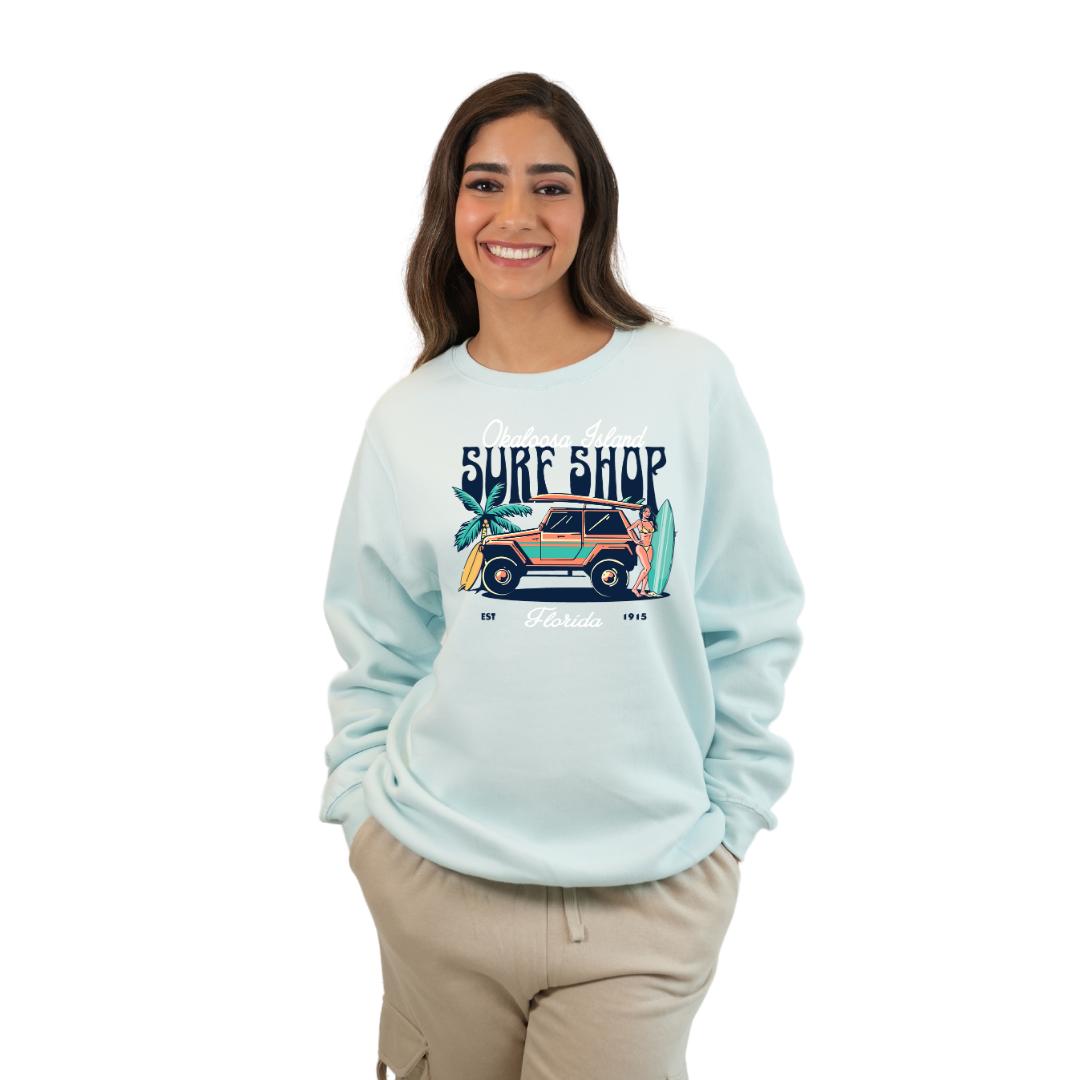 Okaloosa Island Fleece Crewneck Sweatshirt Women with Surf Shop Front Design Style 067