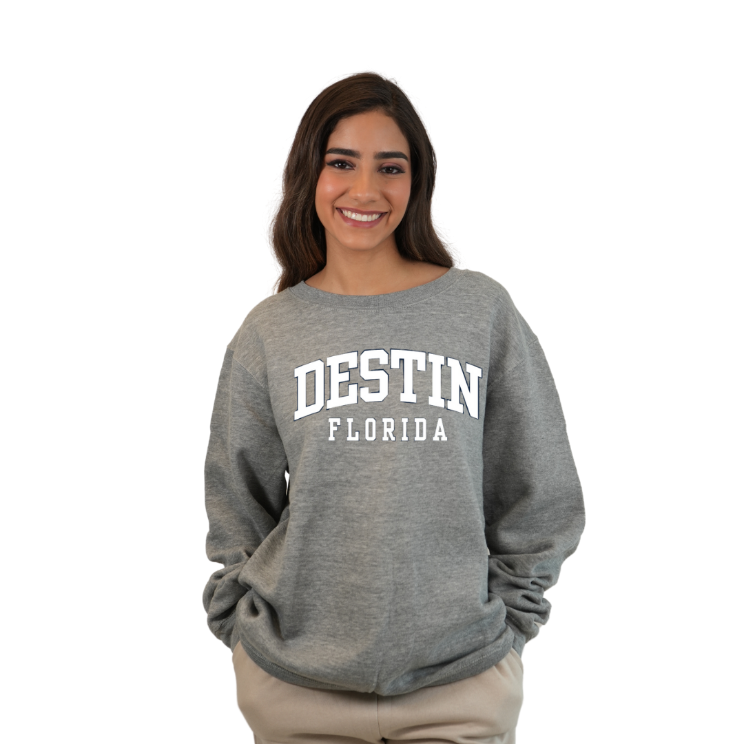 Destin Florida Fleece Crewneck Sweatshirt Women with a Destin City Name Design Style 067 SWEATSHIRT alvinsisland.com Hea. grey S