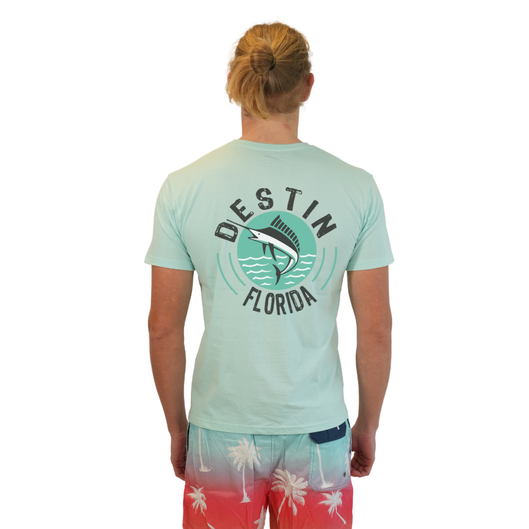 Destin Florida Combed Cotton Men T-Shirt with a Front Pocket Design and back big Marlin Design Style CC1000