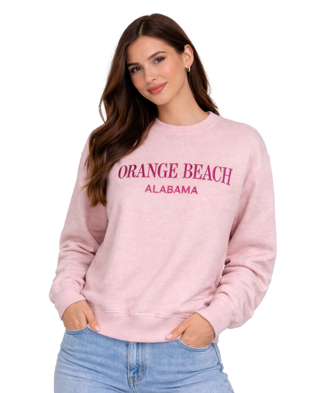 Orange Beach, AL Women Nantucket Crewneck Embroidered City Name Appliqué (Style AP267AI) crewneck alvinsisland.com Ice pink S